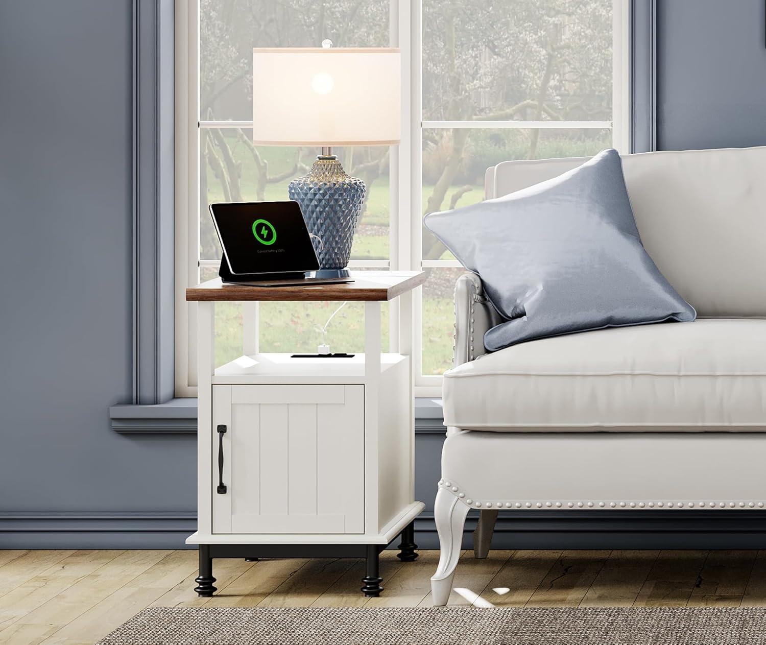 White and Brown Side Table with Charging Station and Storage Cabinet