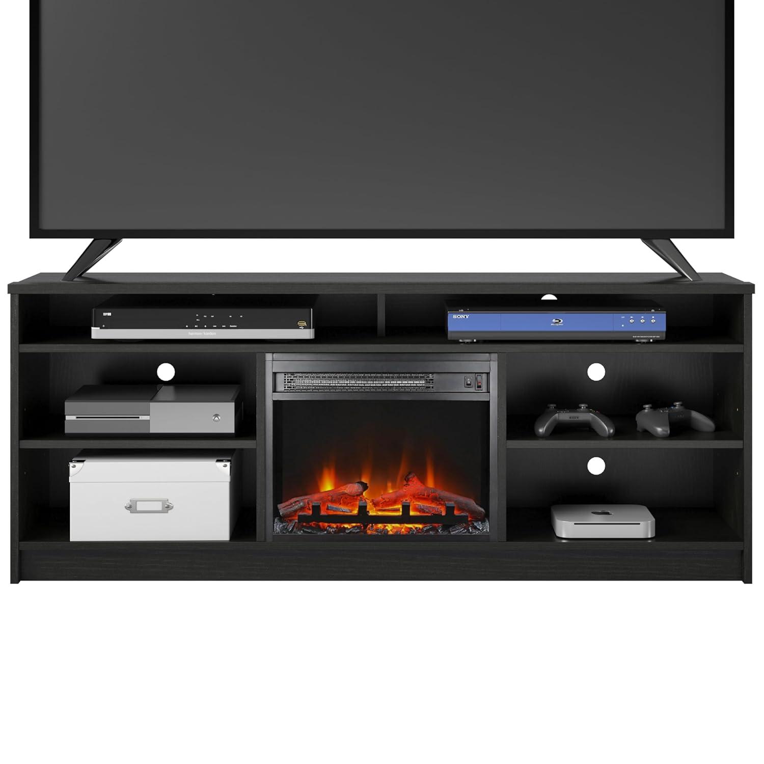 Ameriwood Home Hendrix Electric Fireplace Space Heater TV Stand for TVs up to 65" with 6 Shelves, Black Oak