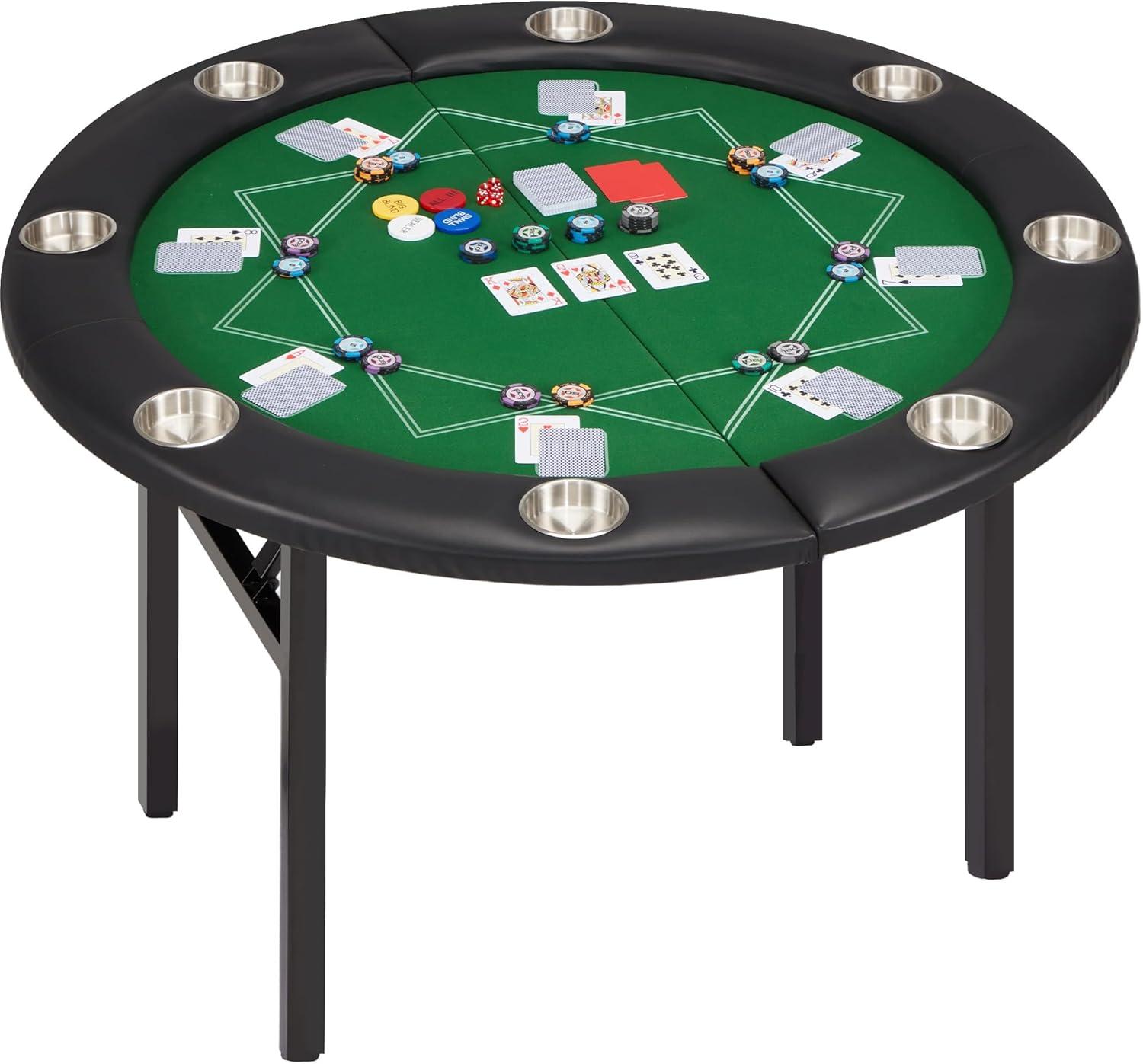 8-Player Green Felt Poker Table with Black Faux Leather Rails