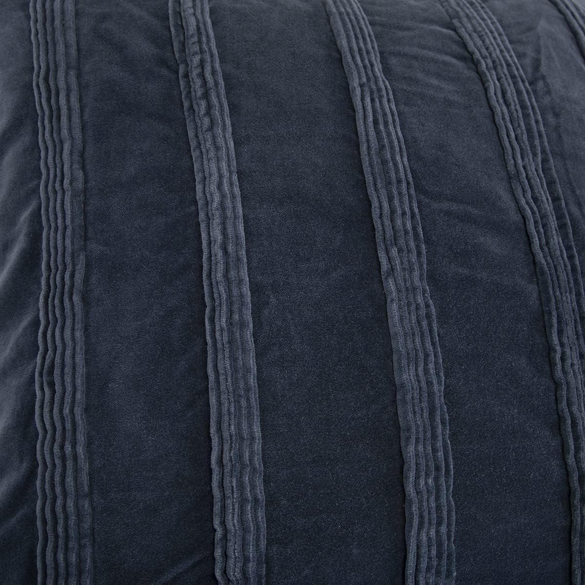 Navy Cotton Velvet Textural Striped Square Throw Pillow