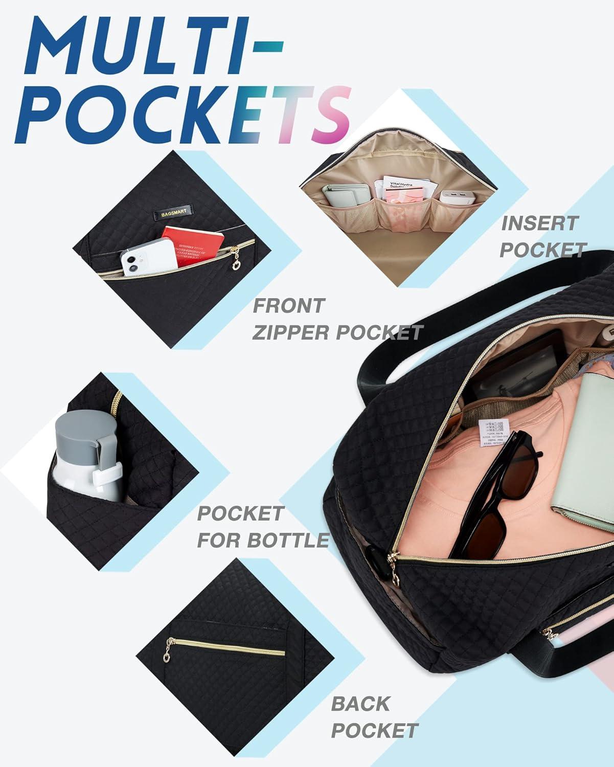 Travel Duffle Bag, BAGSMART 3 Pcs Set Weekender Overnight Bag for Women with Makeup Bag & Clear Toiletry Bag, Carry On Bag with Shoe Compartment for Travel, Business Trips(Black)