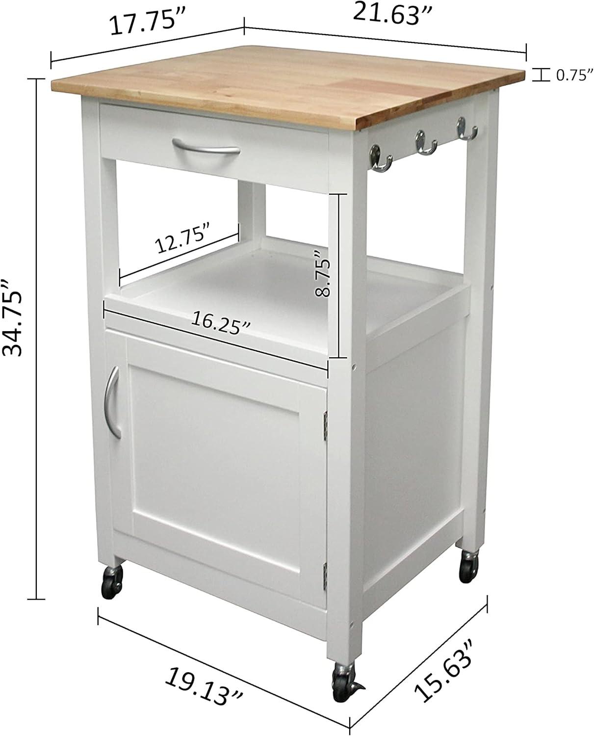 eHemco 1-Door Kitchen Island Cart on Wheels with Drawer, Storage Cabinet, Shelf and Natural Solid Hardwood Top, 34.75 Inches Height, White Base