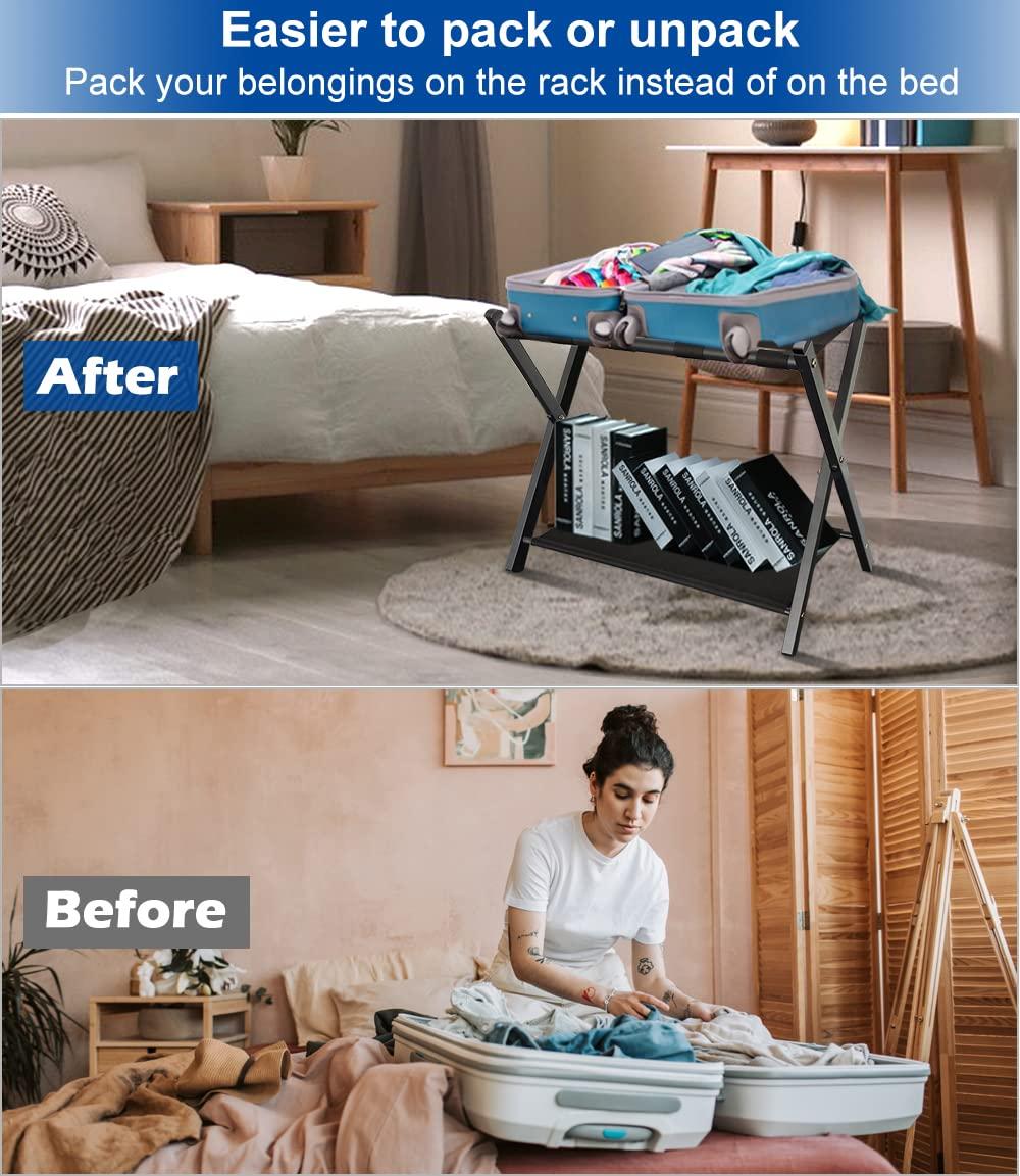 BINO Luggage Rack For Guest Room, Suitcase Stand With Storage Shelf, Steel Frame, Foldable For Easy Storage, Hotel, Bedroom, Black