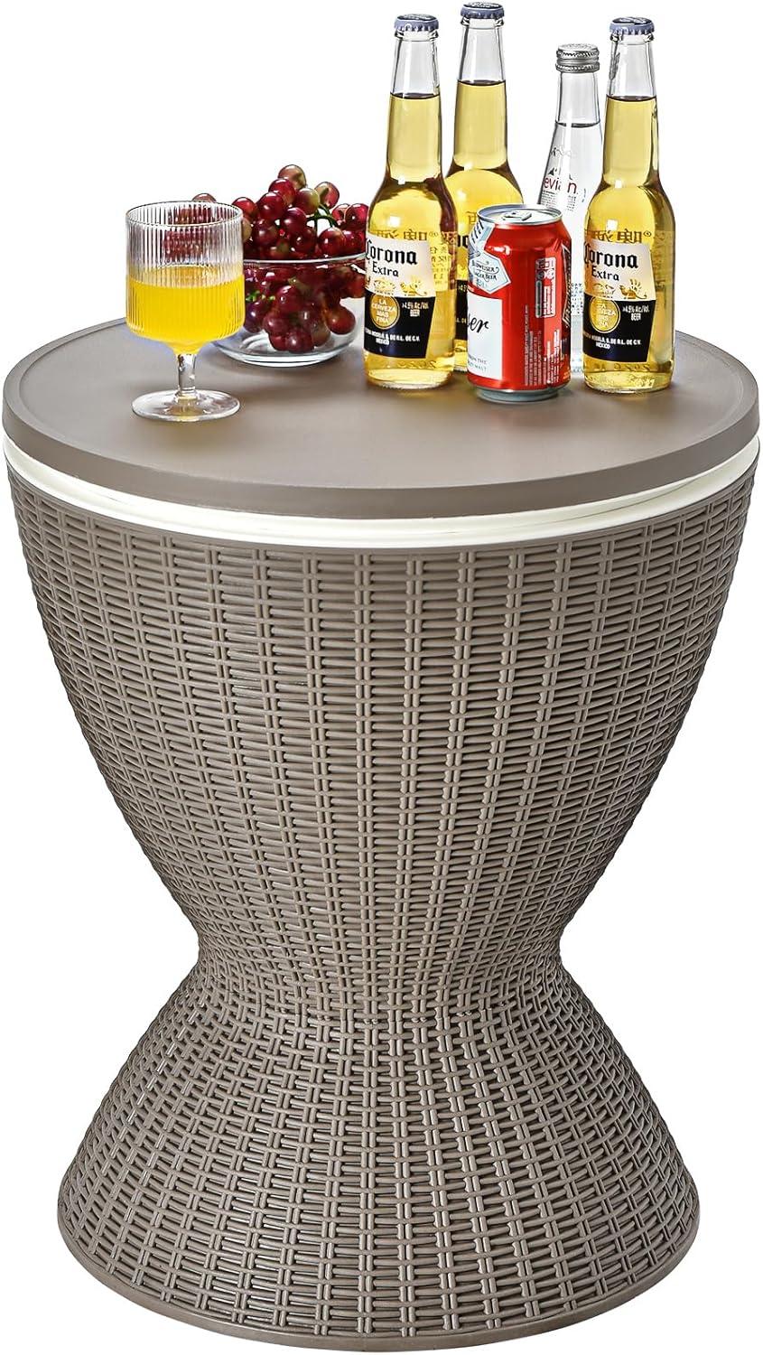 Topcobe 3 in 1 8 Gallon Patio Rattan Cooler Bar Table with Adjust Ice Bucket, Outdoor Patio Furniture for Balcony Garden Backyard -Brown