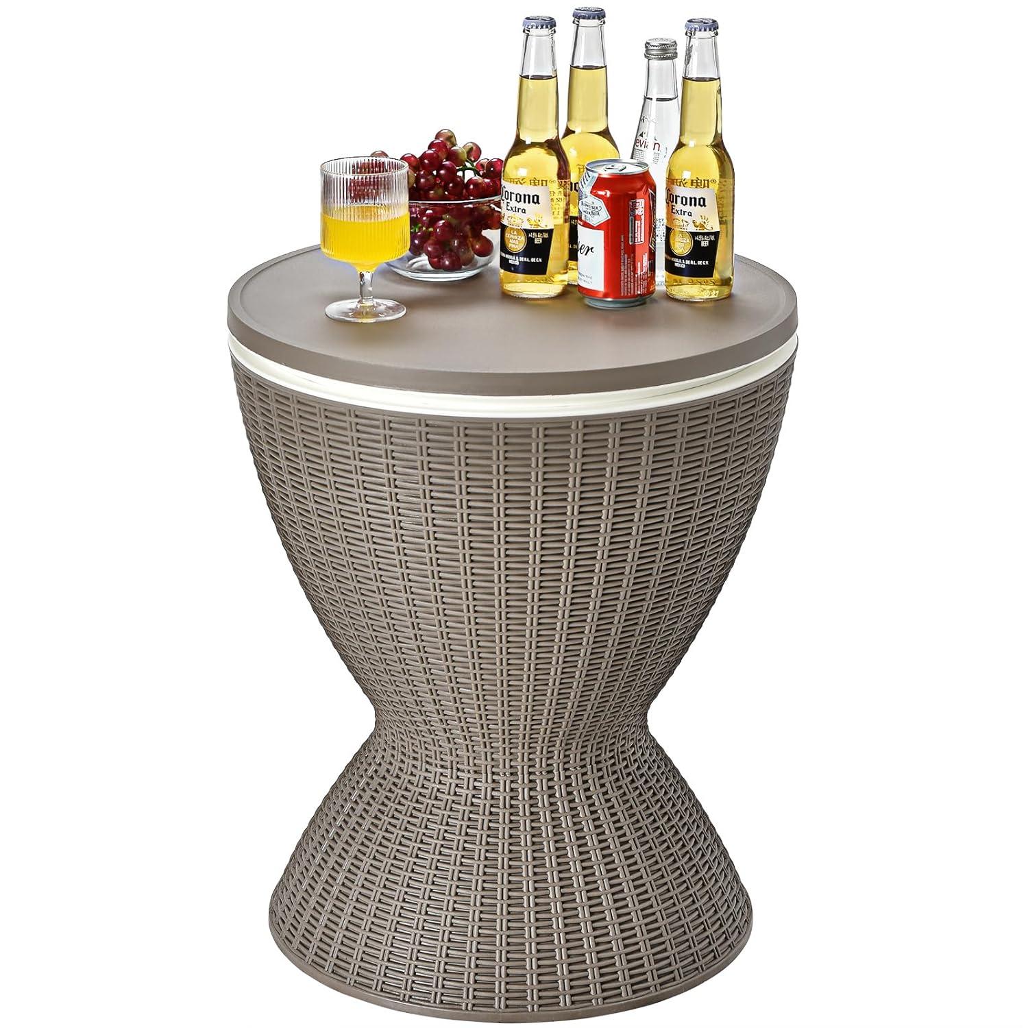 Demifill 3 In 1 8 Gallon Patio Rattan Cooler Bar Table with Adjust Ice Bucket, Outdoor Ice Cooler with Exquisite Wicker Outlook, Versatile Ice Cooler for Outdoor as Patio, Poolside, Brown