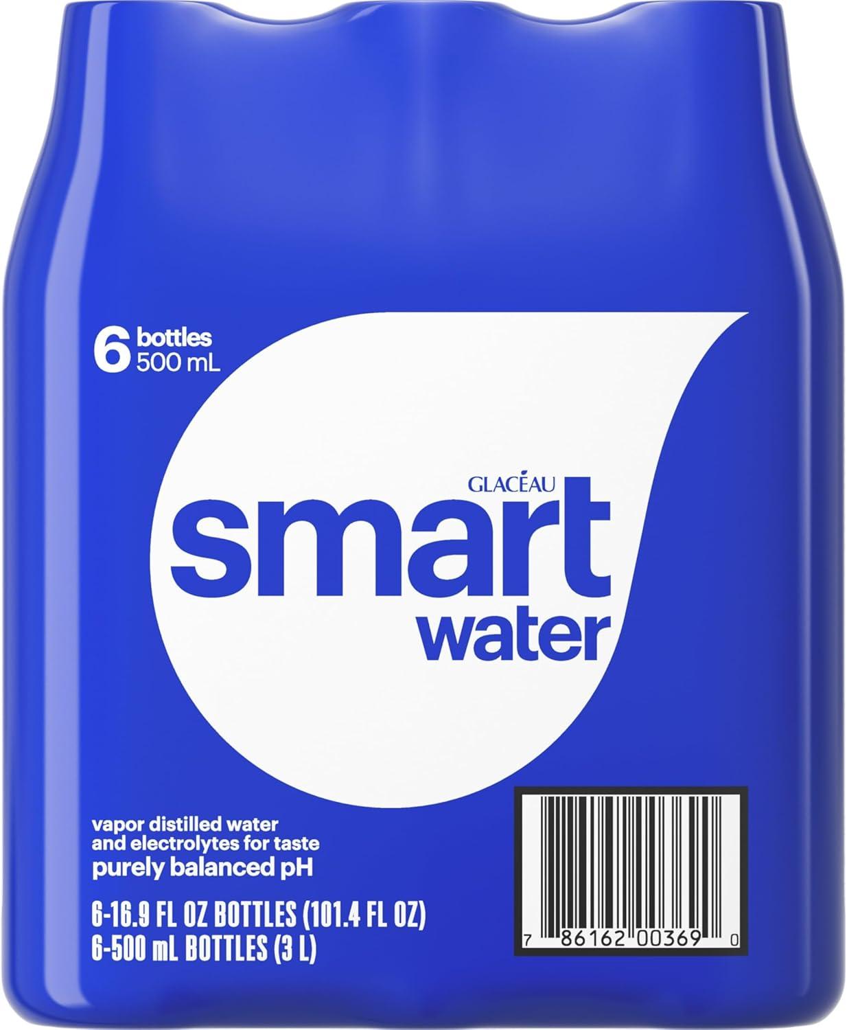 smartwater vapor distilled premium water, 16.9 fl oz, 6 count bottles