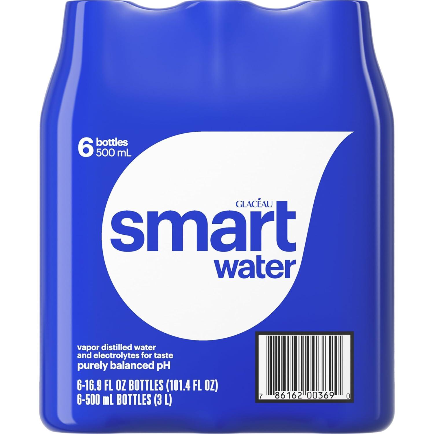 smartwater vapor distilled premium water, 16.9 fl oz, 6 count bottles