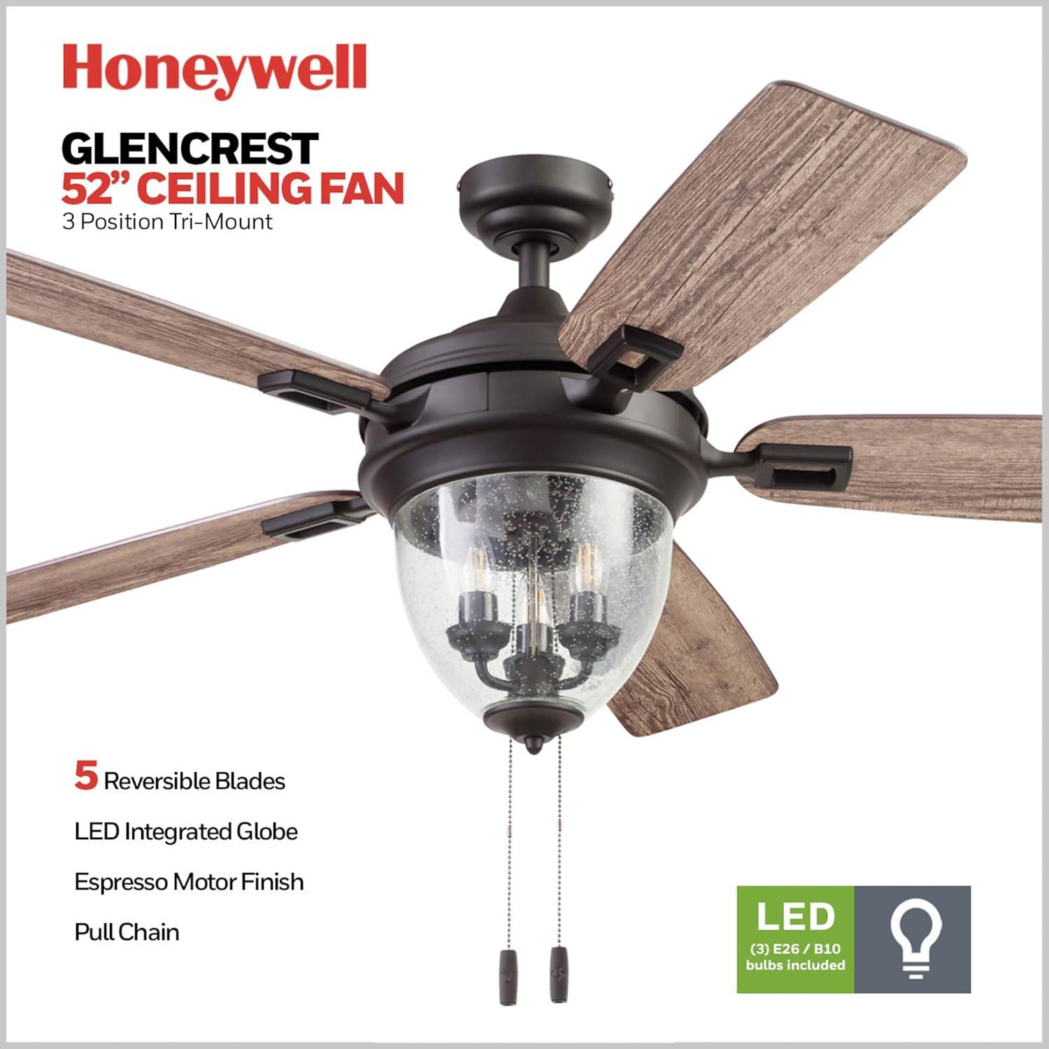 Honeywell 52" Glencrest 5 - Blade Standard Ceiling Fan with Pull Chain and Light Kit Included
