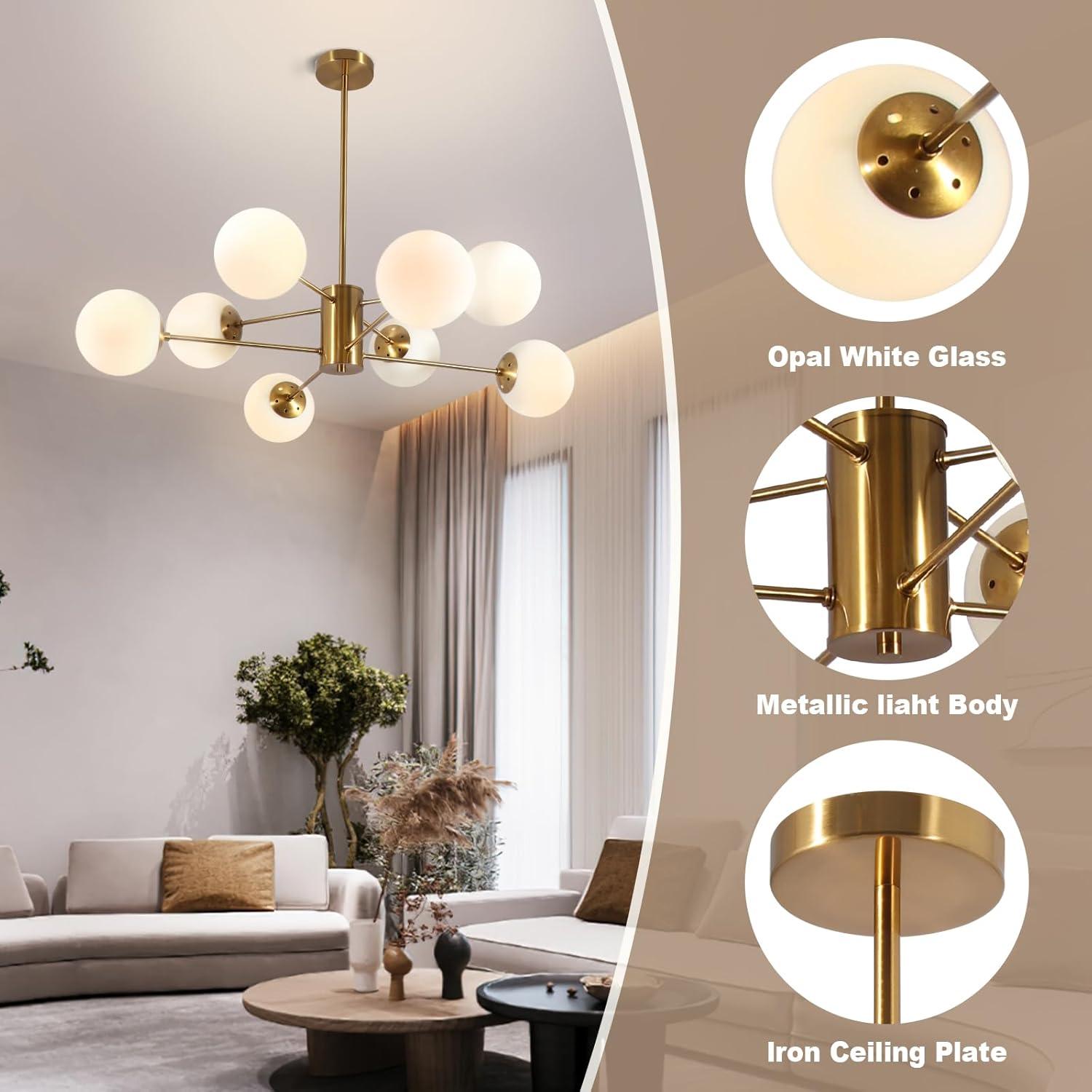 KCO Lighting 8-Light Glass Sputnik Chandelier Light Modern Gold Chandeliers Pendant Light Fixture Vintage Globe Ball Ceiling Flush Mount Light Fixture Kitchen Island