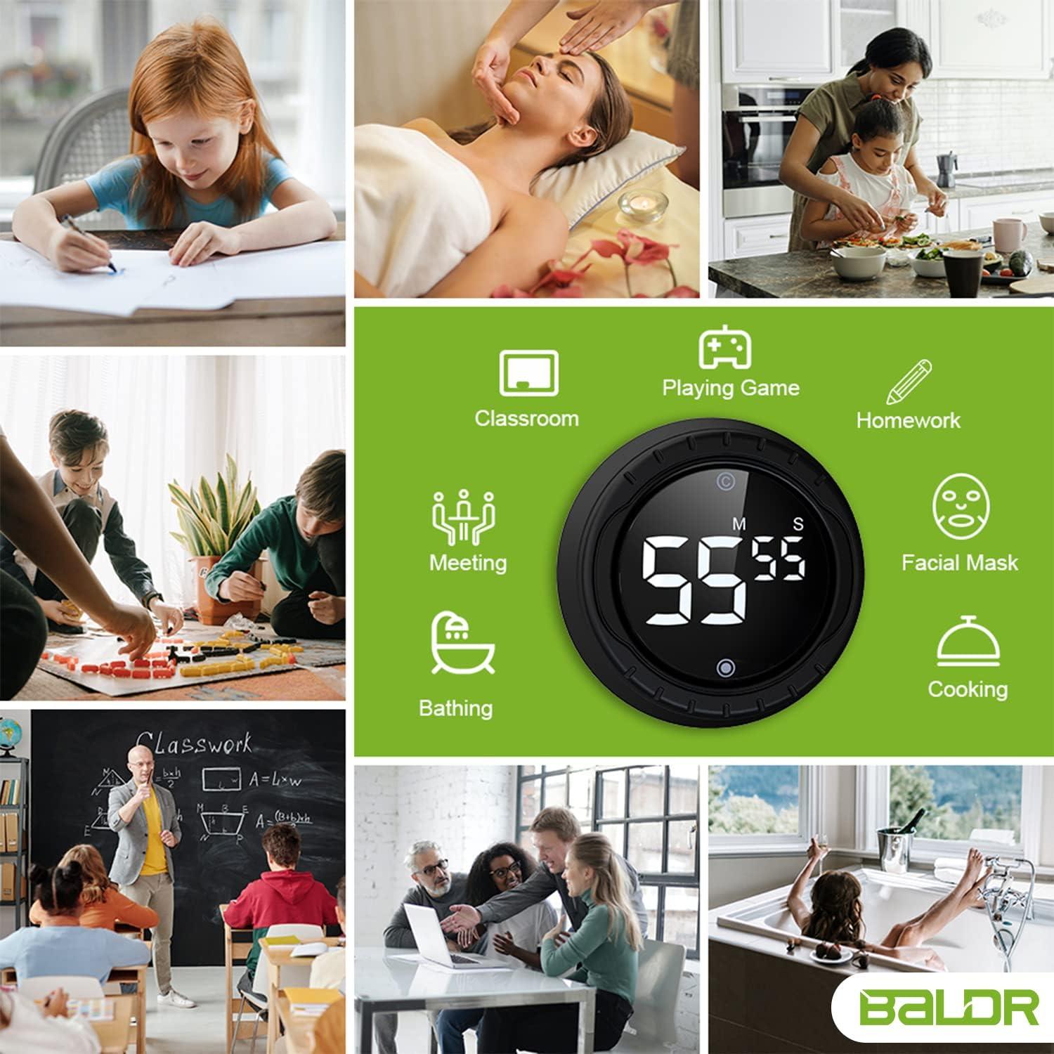 Baldr Kitchen Timer - Smart Countdown/Count Up Digital Timer with Rotating Desk Display, Quiet & Beeping Alerts, Strong Magnetic Backing - for Kitchen & Classroom (Black)