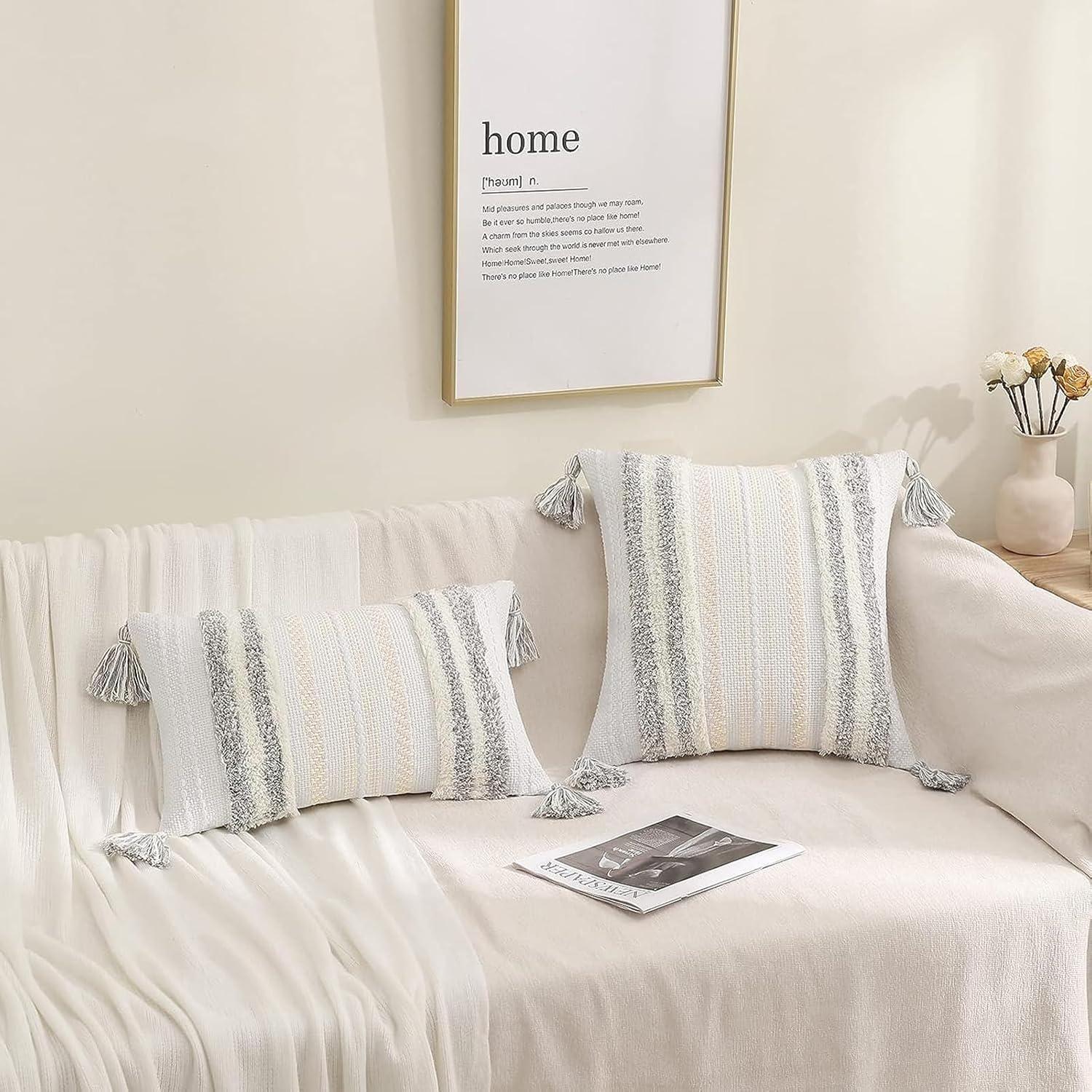decorUhome 2 Pack Boho Decorative Throw Pillow Covers Tufted Woven with Tassel Series Pillow Case, 18x18, Light Grey