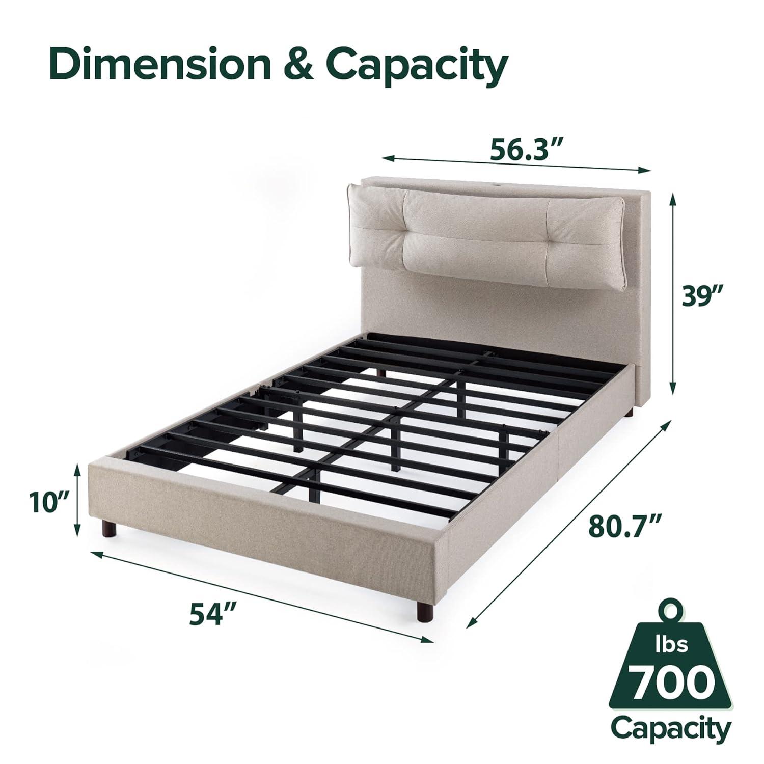 Zinus 39" Avery Platform Bed, Reclining Fabric Headboard and USB Ports, Beige, King
