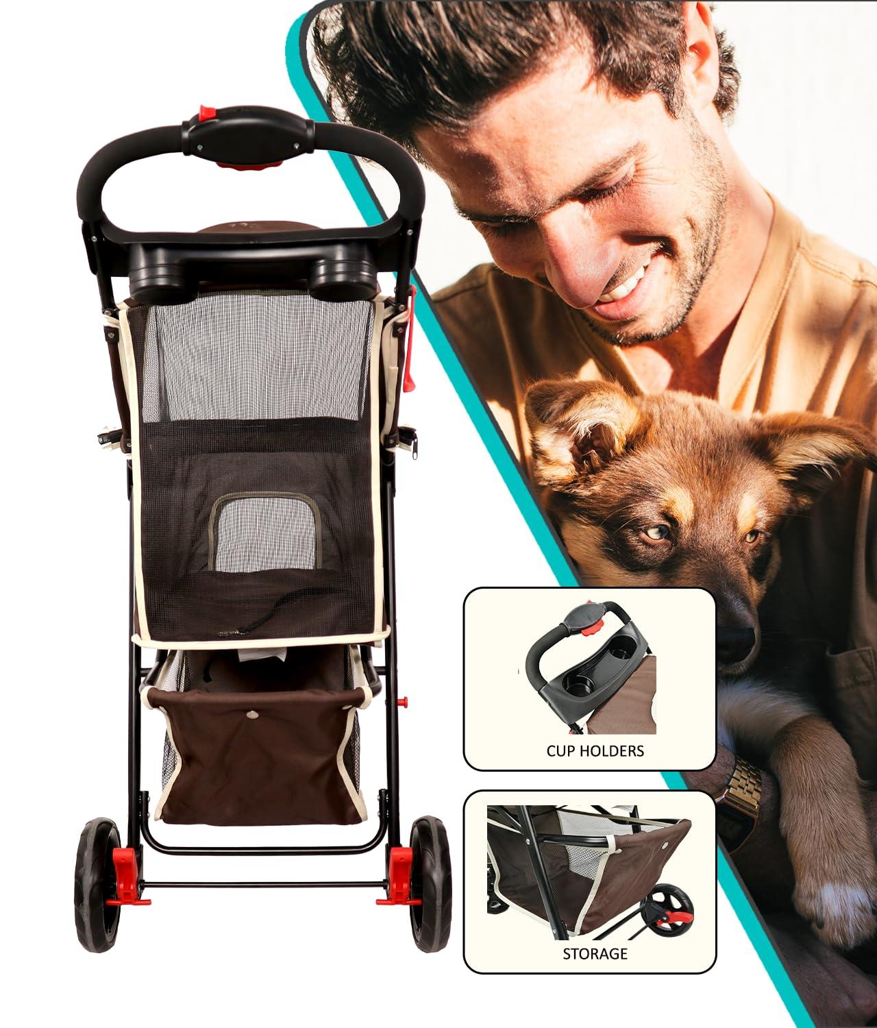 AmorosO Coffee Brown Foldable Pet Stroller with Storage