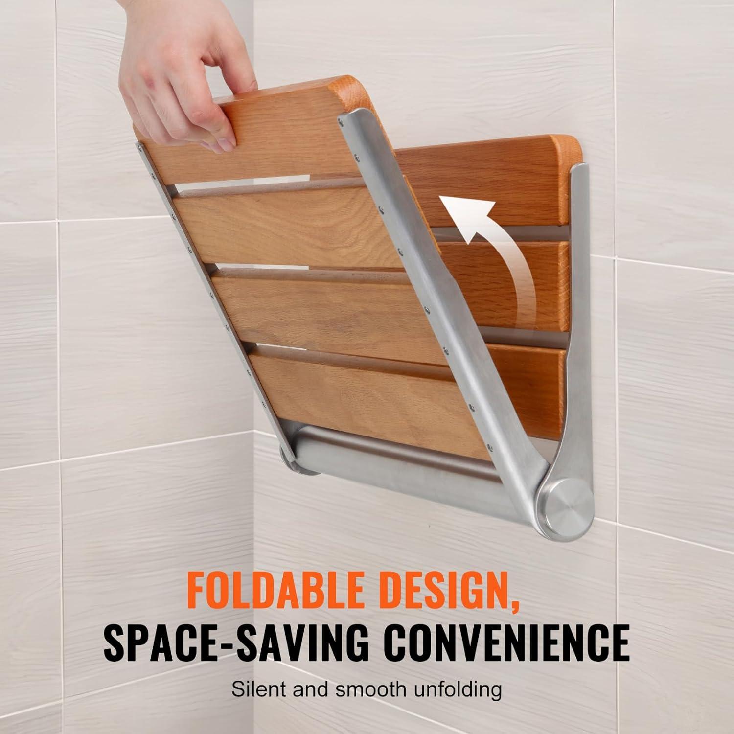 Teak and Stainless Steel Wall-Mounted Folding Shower Seat