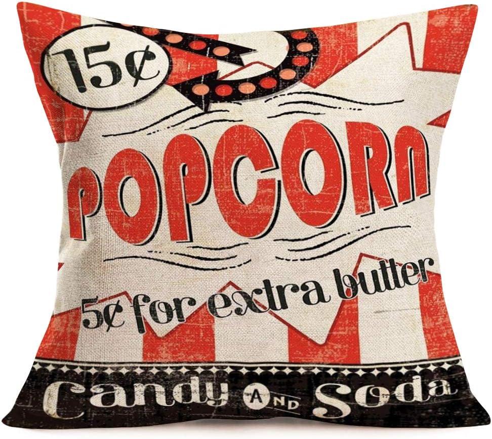 Smilyard Movie Theater Cinema Throw Pillow Covers Vintage Cinema Ticket with Popcorn Throw Pillow Case 18x18 Inch Cotton Linen Personalized Home Decor Cushion Cover for Sofa Set of 4 (Cinema Set)