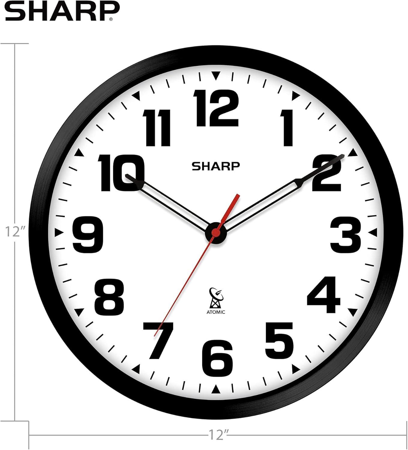 Sharp Atomic Wall Clock 12" Matte Black Automatically Sets Battery Operated Modern Design AQ Analog