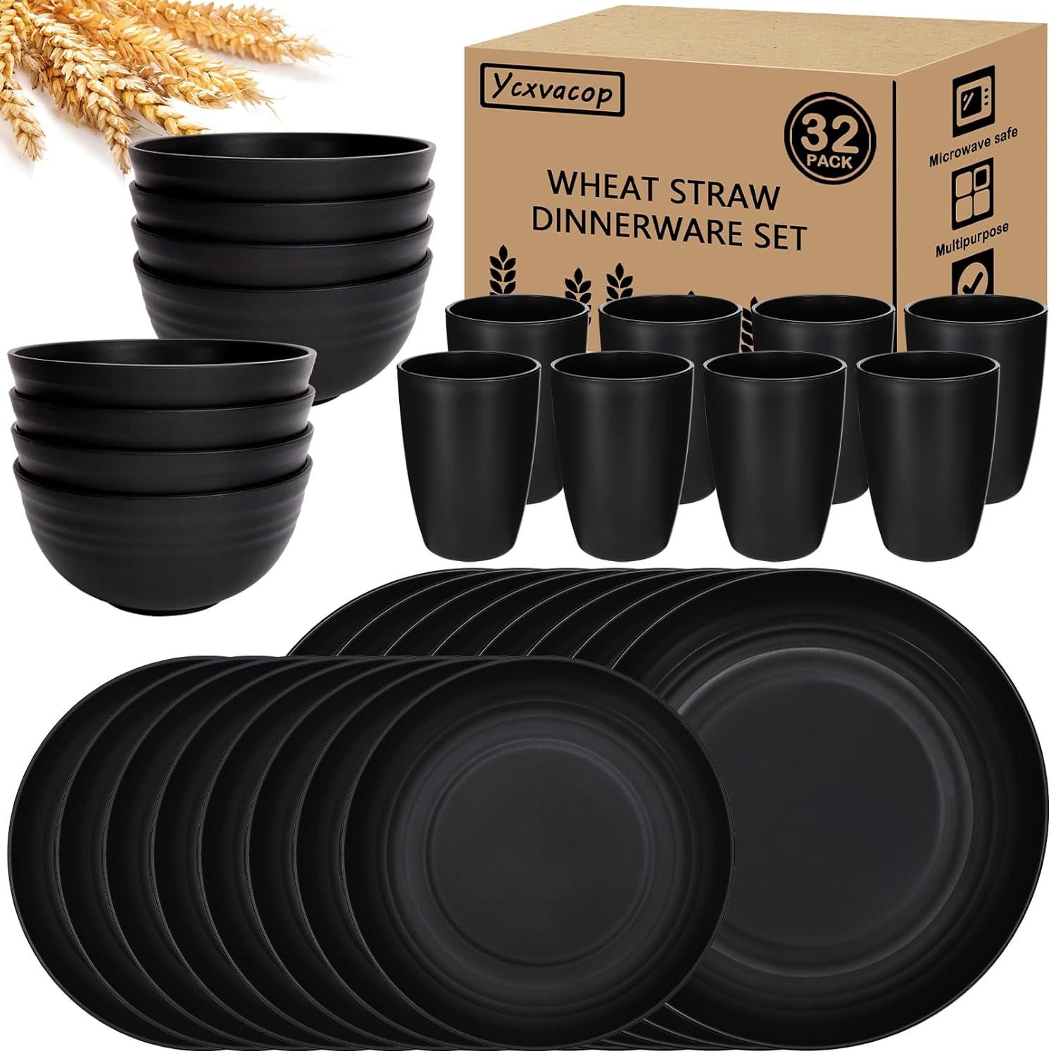 32 Pcs Wheat Straw Dinnerware Sets,Plastic Plates and Bowls Sets for 8,Unbreakable Dinnerware Set,Reusable Lightweight Black Dish Set for Kitchen,Camping,Party,RV,Dishwasher Microwave Safe