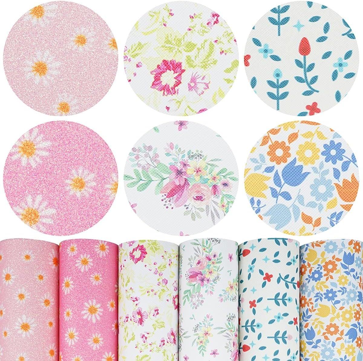 6 Pieces 8x12 Inch (21x30cm) Faux Leather Sheets Flowers Series Sparkle Fine Glitter Daisy Printed Faux Leather Fabric for Bow Earring Making DIY Craft