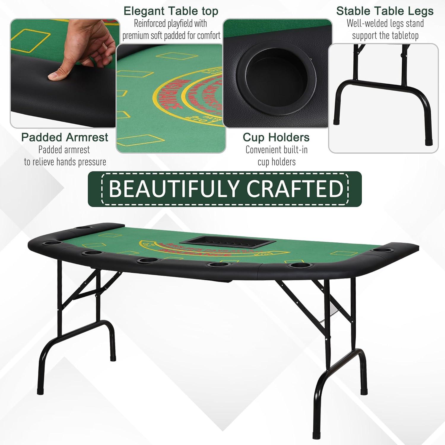Soozier 72" Foldable 7-Player Poker Blackjack Table with Chip & Cup Holder, Green Felt