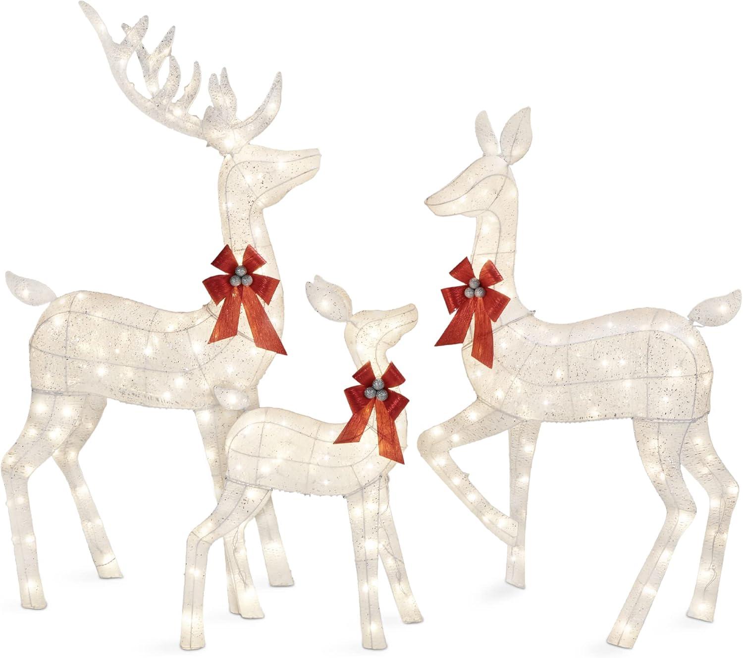 White Lighted Christmas Deer Family Set with Red Bows