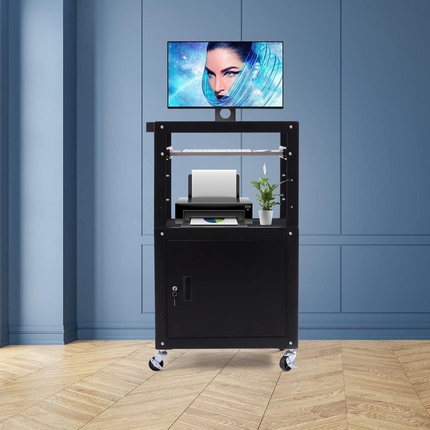 Black Adjustable Steel AV Cart with Locking Cabinet and Power Strip