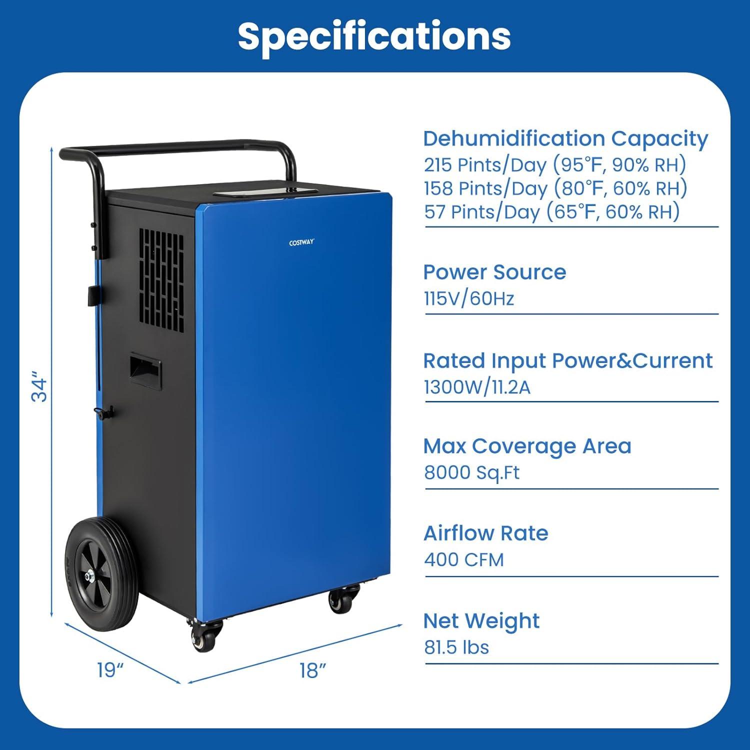 Blue Portable Commercial Dehumidifier with Humidistat and Timer