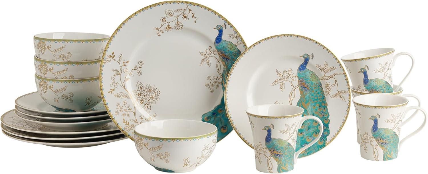 222 Fifth Peacock Garden Porcelain 16pc Dinnerware Set White: Round Dish Set, Service for 4, Bird Pattern, Dishwasher-Safe