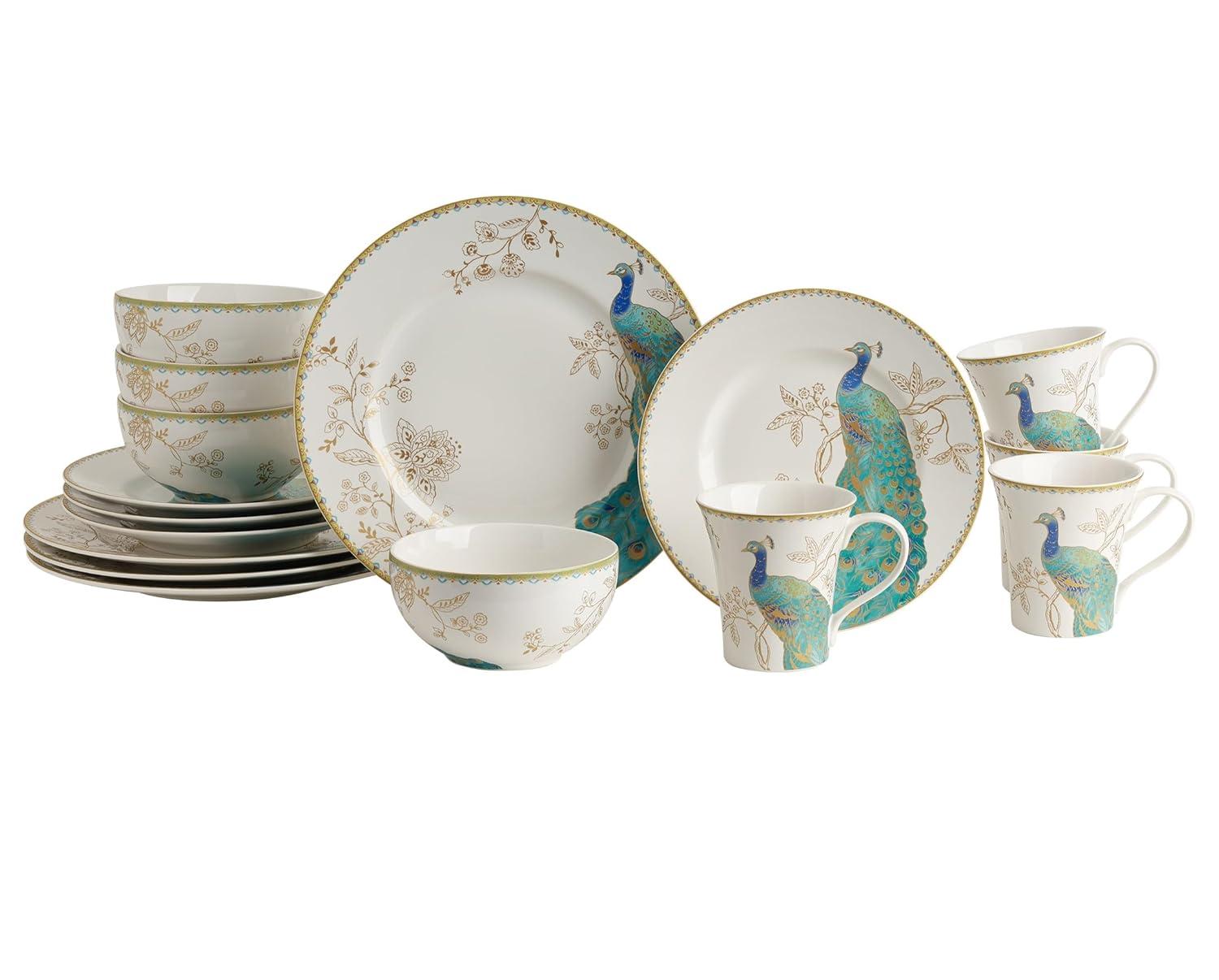 222 Fifth Peacock Garden Porcelain 16pc Dinnerware Set White: Round Dish Set, Service for 4, Bird Pattern, Dishwasher-Safe