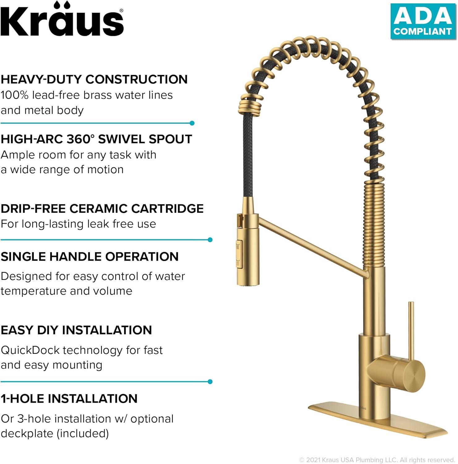 KRAUS Oletto Commercial Style Single Handle Pull Down Kitchen Faucet with QuickDock Top Mount Installation Assembly in Brushed Brass