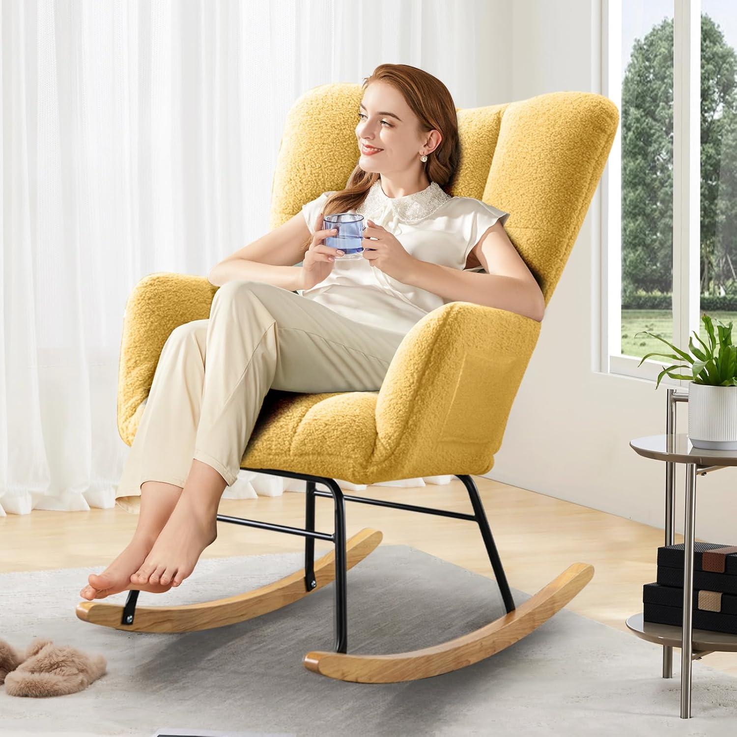 Nursery Rocking Chair Teddy, Upholstered Glider Rocker with High Backrest, Comfortable Stylish Accent Armchair with Padded Seat for Living Rooms, Bedrooms, Offices