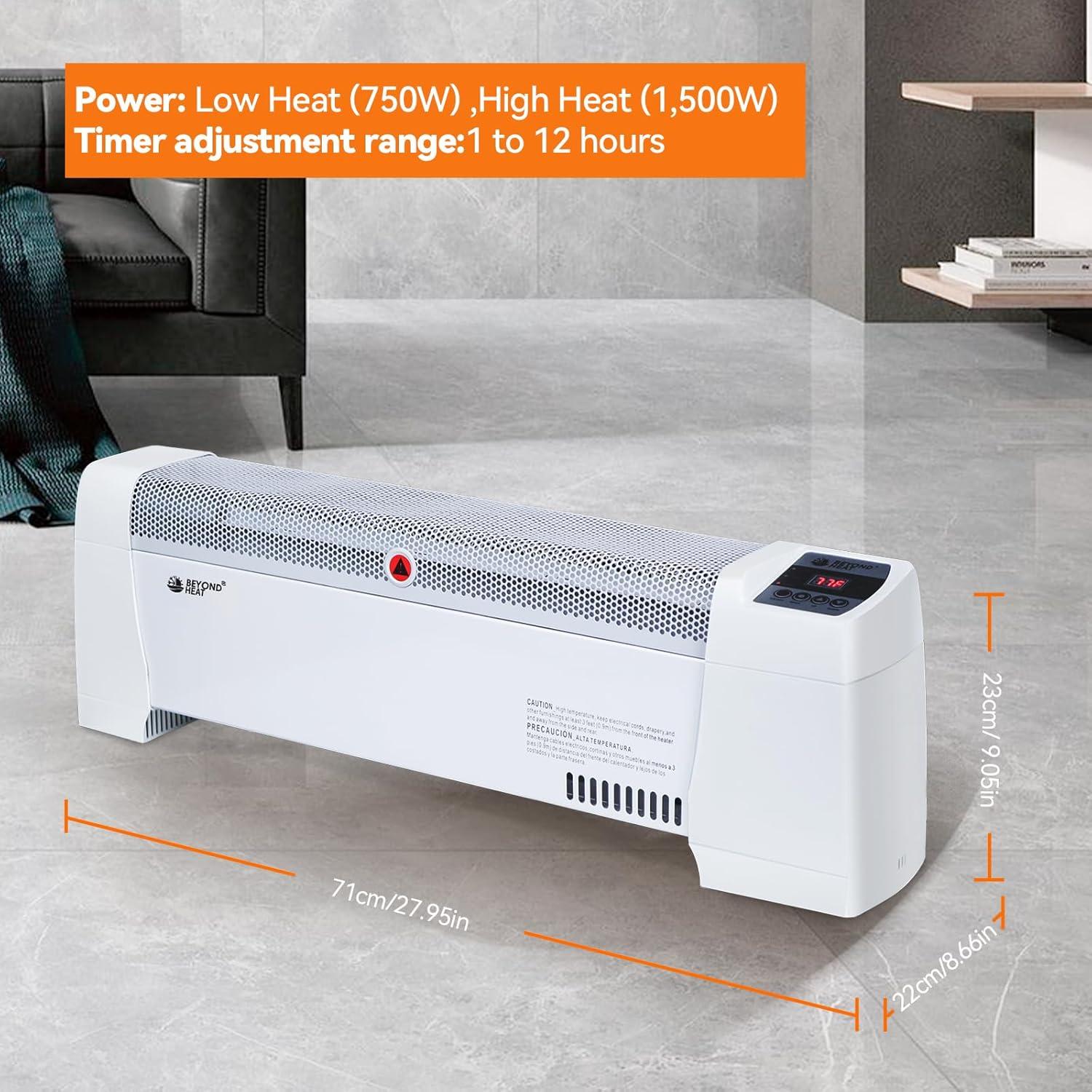 BEYOND HEAT Electric Baseboard Heater, 1500W Convection Heater with Adjustable thermostat and Overheat Protection, Slient Operation Heater for indoor use, White