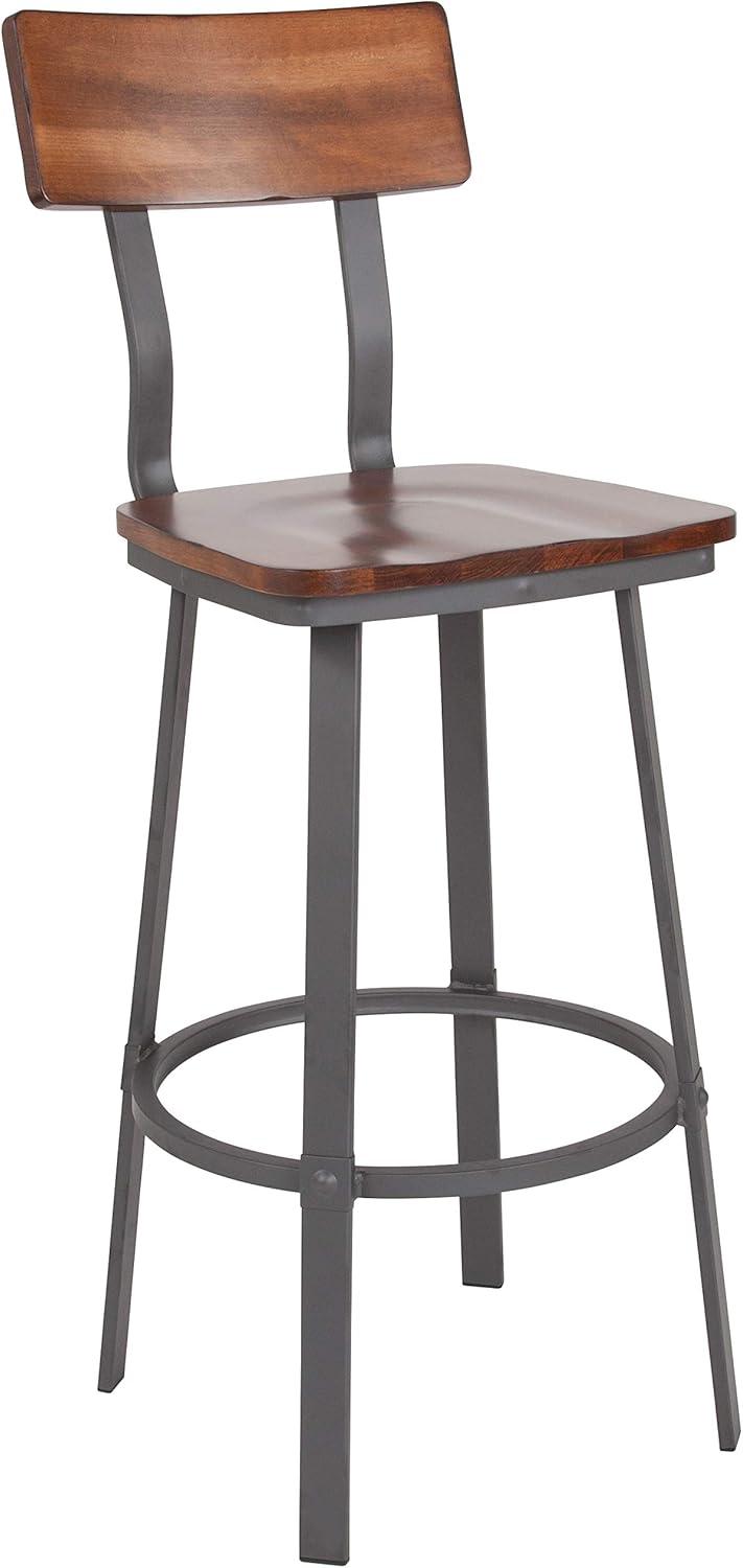 Flash Furniture Flint Series Rustic Walnut Restaurant Barstool with Wood Seat & Back and Gray Powder Coat Frame