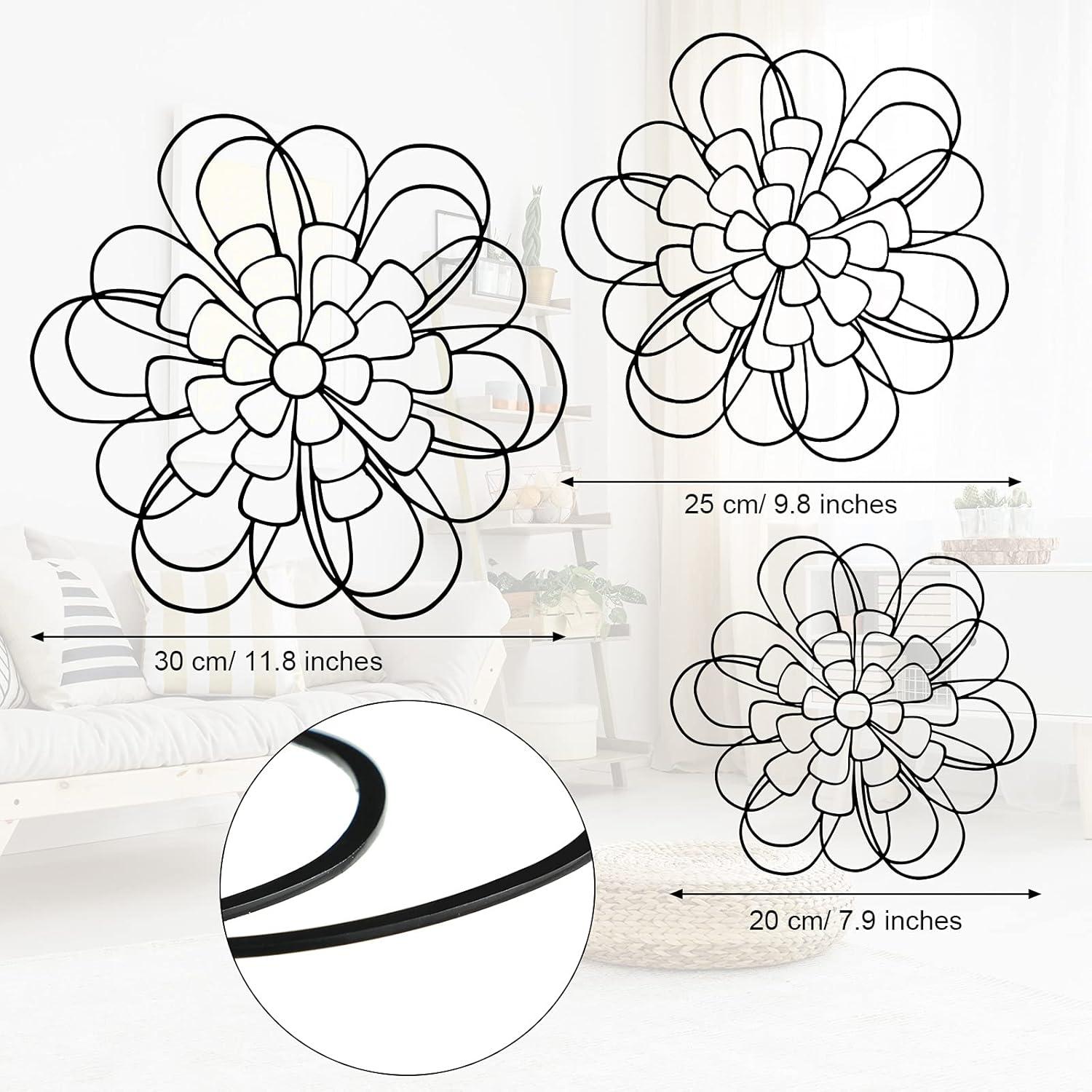 3 Pieces Metal Wall Art Metal Flower Wall Sculpture Metal Flower Wall Art for Home Bedroom Living Room Bathroom Kitchen Office Garden Hotel Wall Decoration, 3 Sizes (Black)