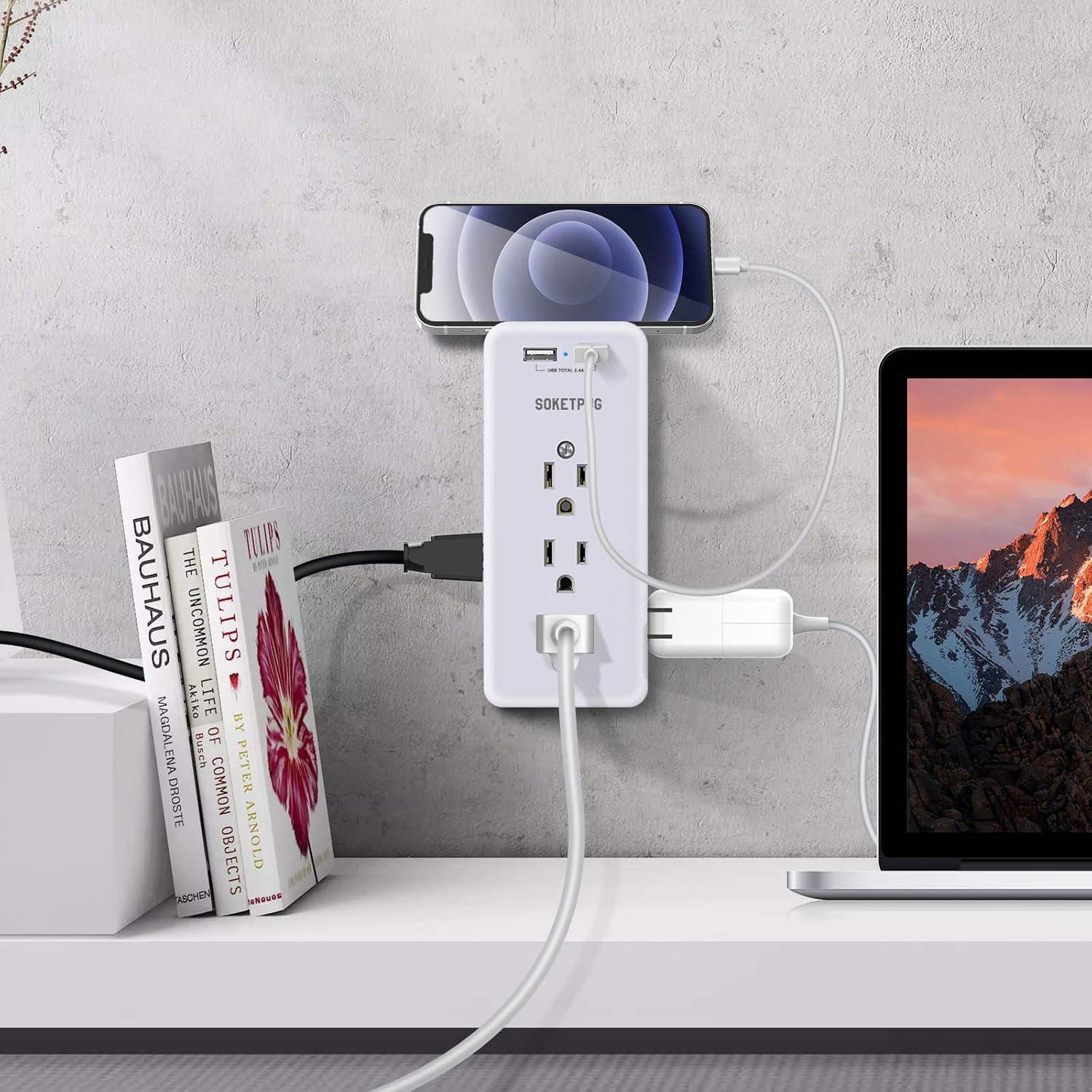 White 9-Outlet Surge Protector with USB Ports