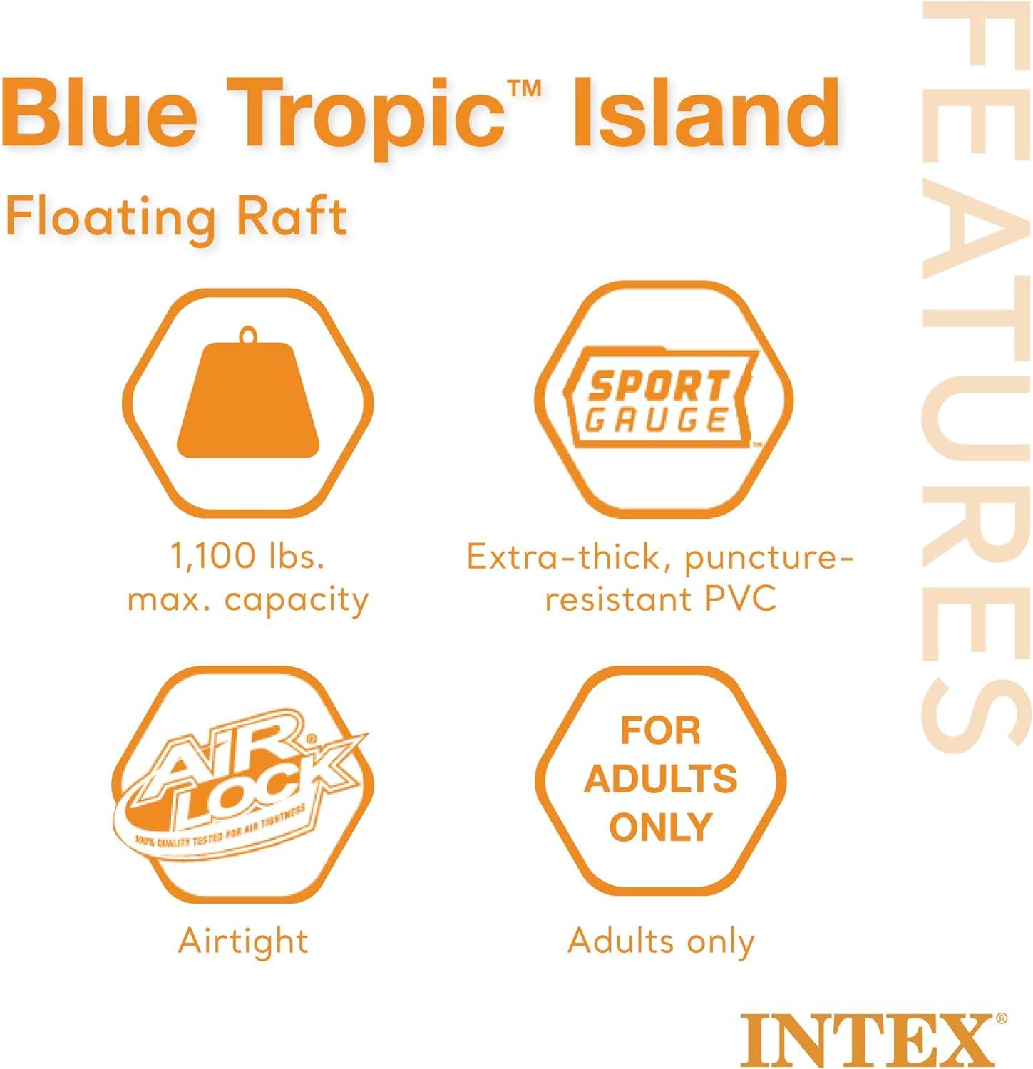 Intex Blue Tropic Inflatable Lake or Swimming Pool Island Water Floating Lounger Raft with Backrests, Built-In Cooler, and 4 Cupholders