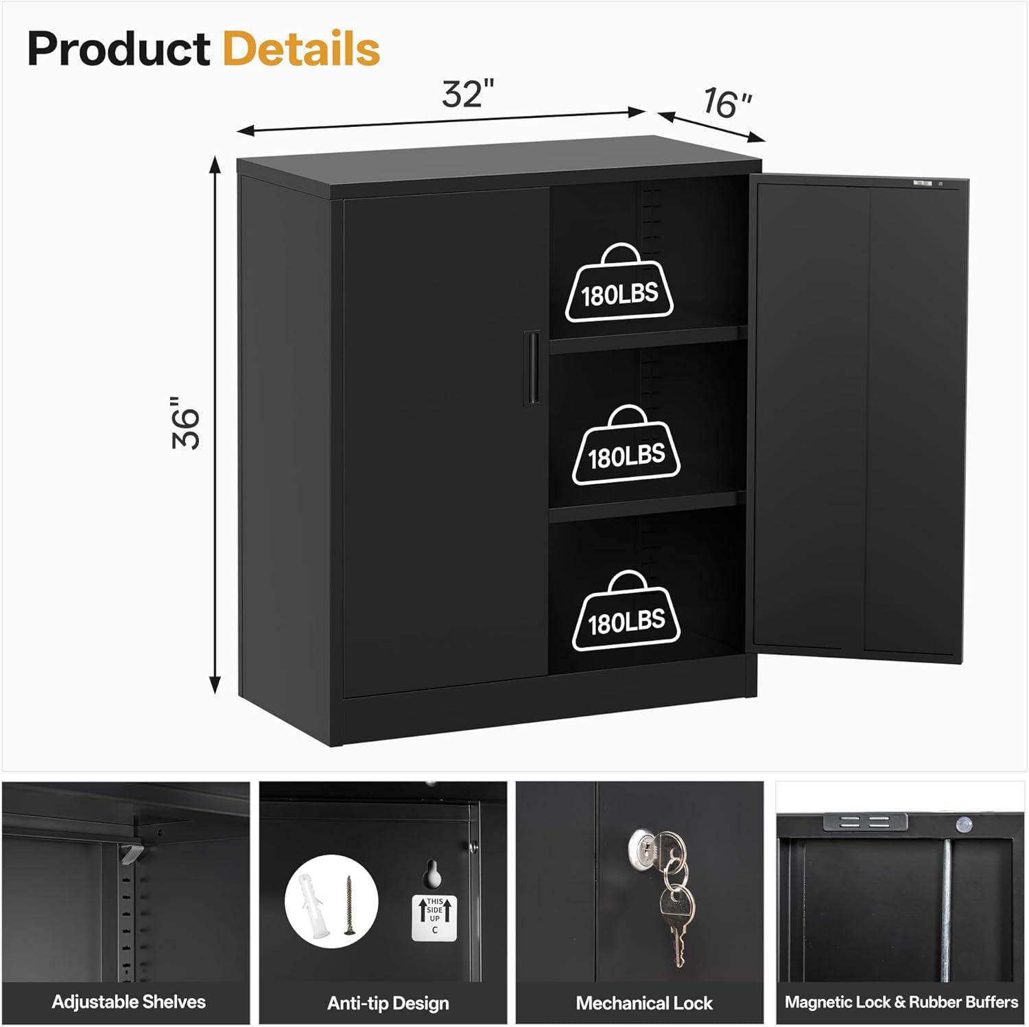 Metal Storage Cabinet, 36" H Locking Storage Cabinet with Adjustable Shelves, Steel Storage Cabinet for Garage, Home, Office, Utility Room-Black
