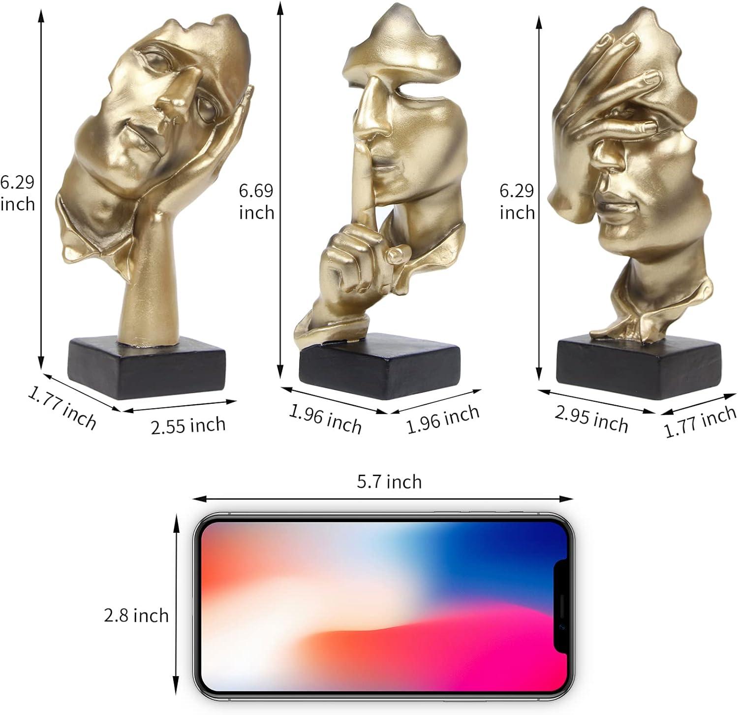 Modern Abstract Thinker Statue Set of 3 Gold Statues 6.48"/1.96"/6.88" Home Office Decor Collectible Figurines