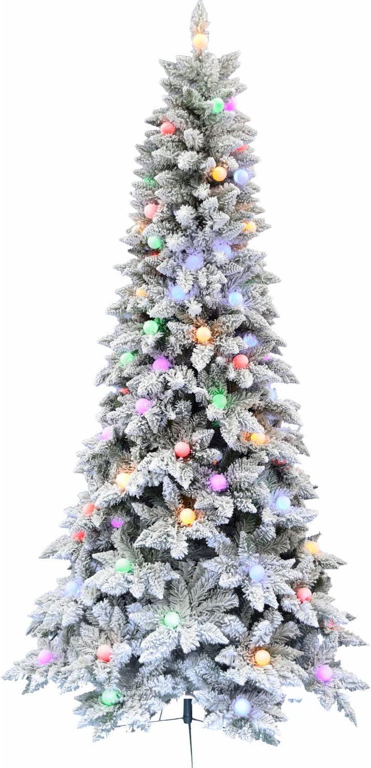 6.5-Foot Slim Snow-Flocked Pine Christmas Tree with Multicolor Lights