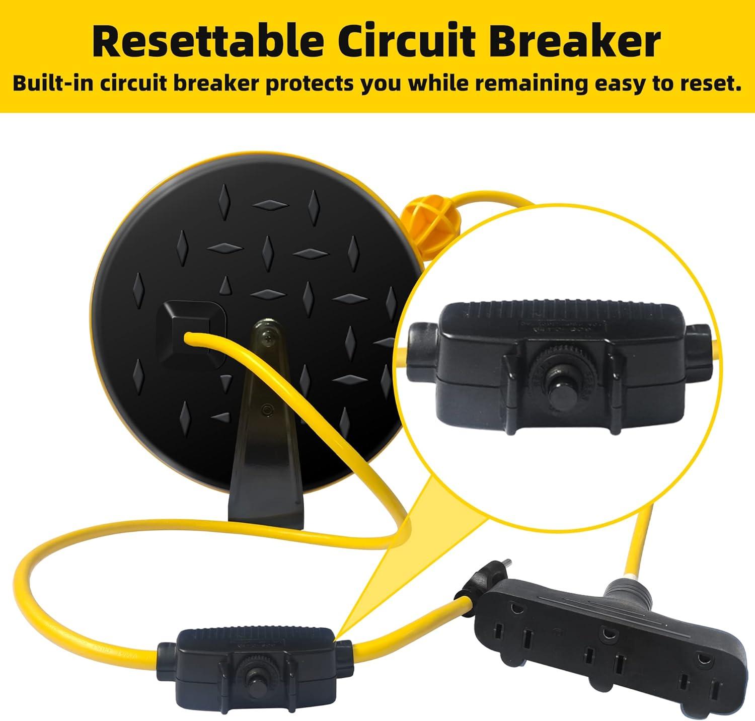 EP 30 Ft Retractable Extension Cord Reel, 16/3 SJTW Power Cord with 3 Electrical Outlets, Ceiling or Wall Mount, 10 Amp Circuit Breaker, Metal Plate, UL Listed, Red