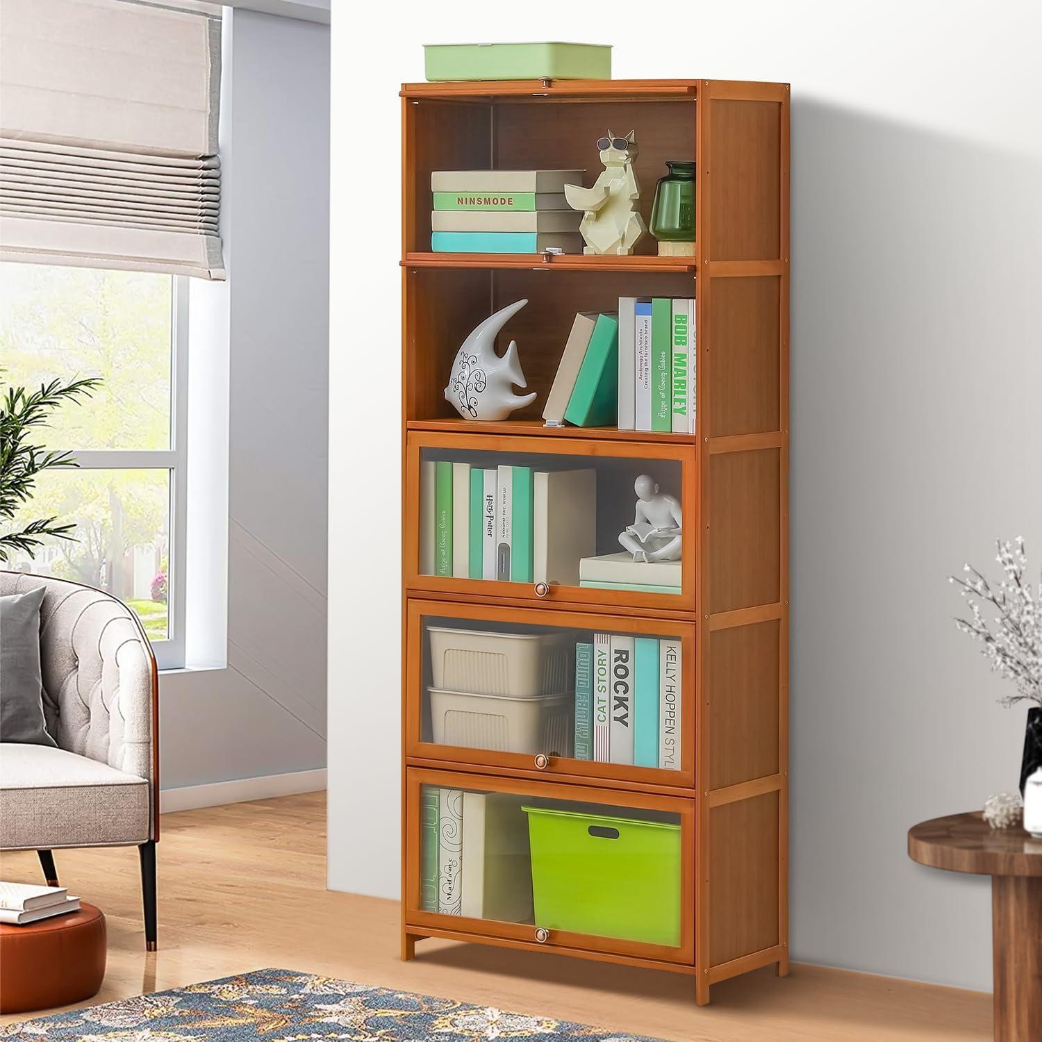 Magshion Bamboo/Acrylic 3 Shelves Bookshelf, with Transparent Door Bookcase, Brown, for Home