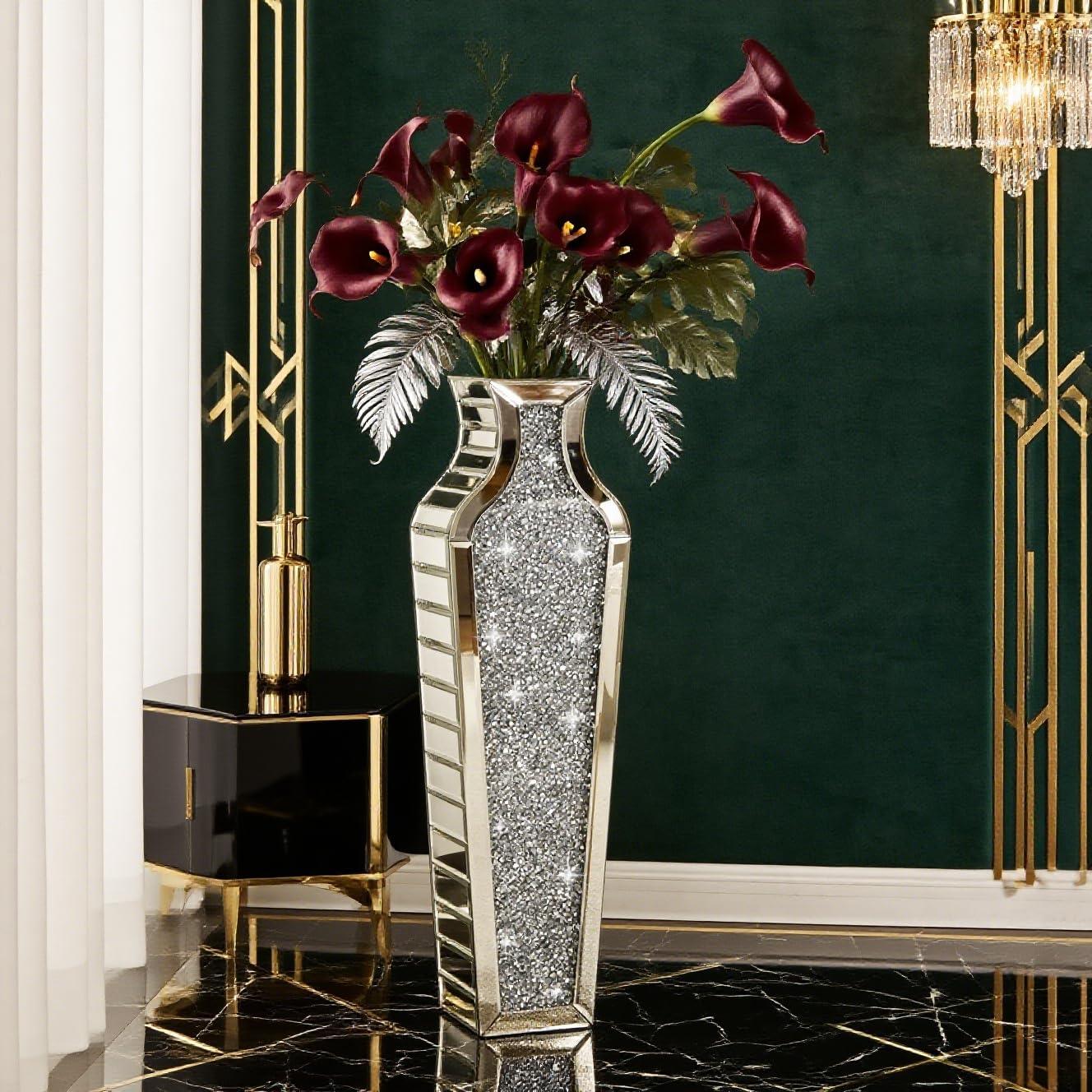 Tall Silver Mirrored Glass Floor Vase with Crushed Diamond
