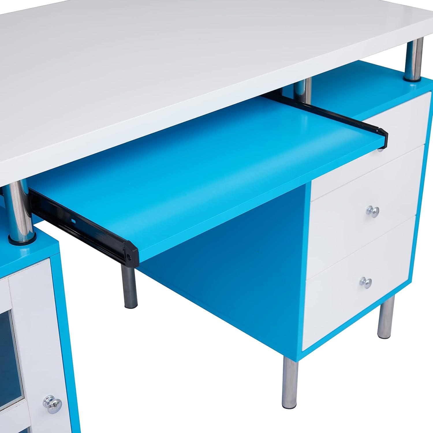 Robin Egg Blue and White Wood Writing Desk with Drawers, Power Outlets, and USB Ports