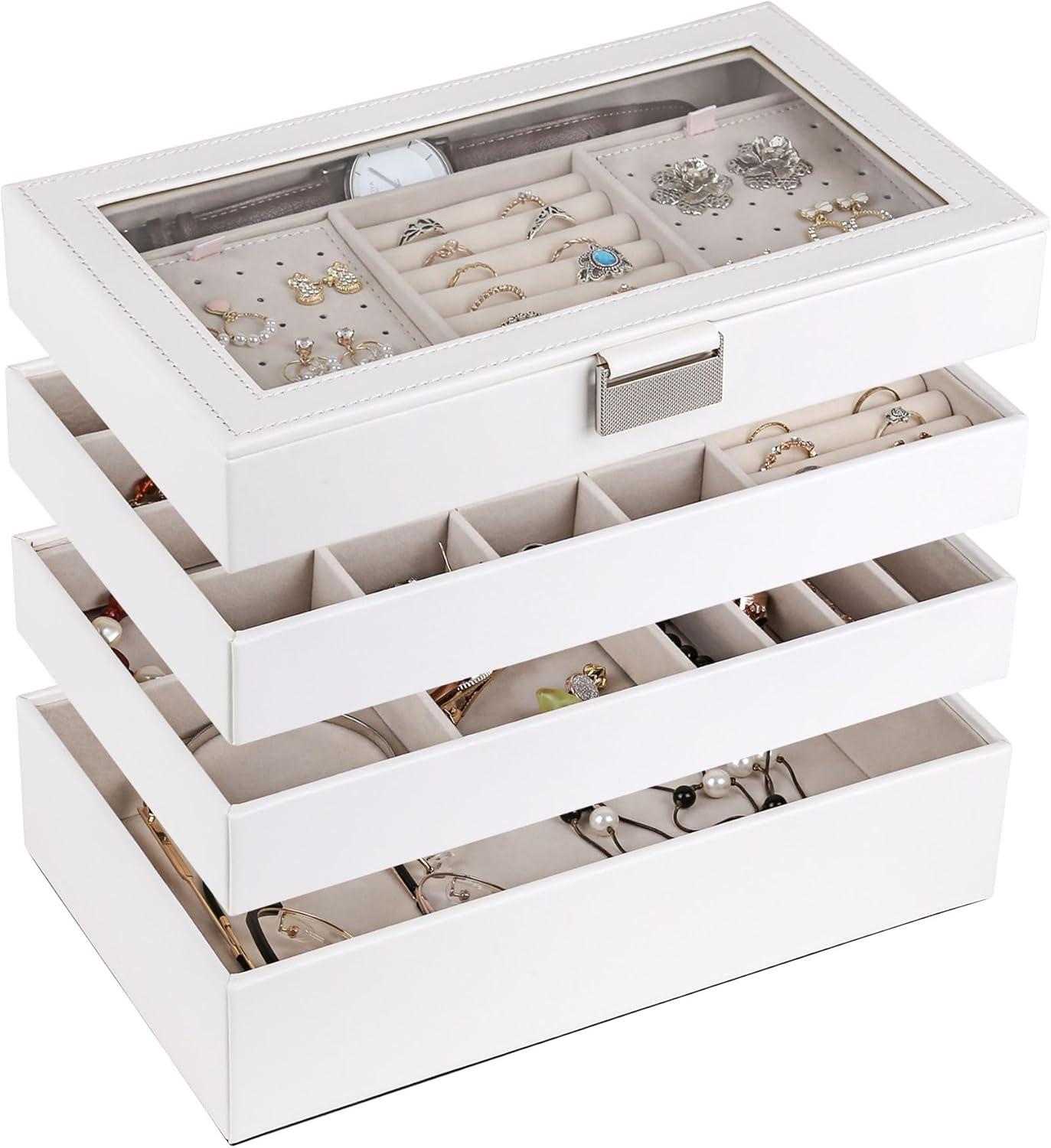 Latitude Run® Stackable Jewelry Trays, 4-Tier Jewelry Box, Drawer Jewelry Organizer, With Glass Lid, Removable Dividers, For Vanity Table, 6.7 X 11 X 7.2 Inches, Cloud White