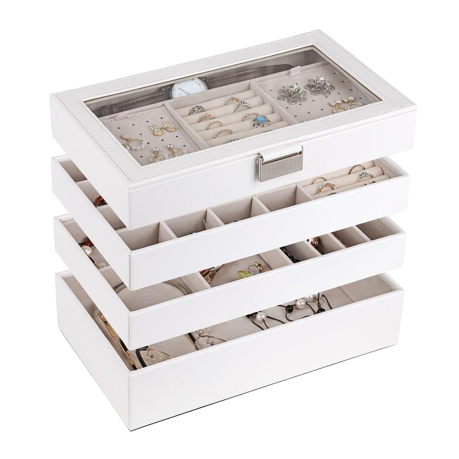 Latitude Run® Stackable Jewelry Trays, 4-Tier Jewelry Box, Drawer Jewelry Organizer, With Glass Lid, Removable Dividers, For Vanity Table, 6.7 X 11 X 7.2 Inches, Cloud White