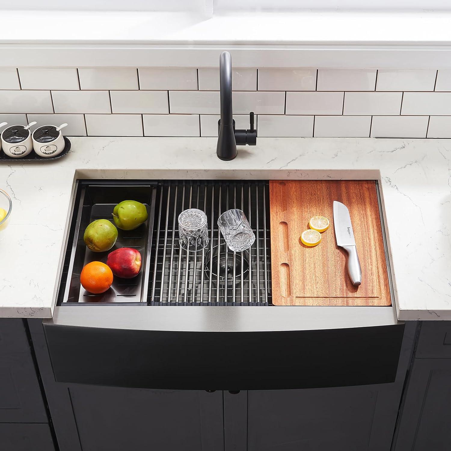 Black Farmhouse Sink 33 Inch - VALISY 33x22 Apron Front Farmhouse Kitchen Sink 16 Gauge Stainless Steel Undermount Ledge Workstation Deep Single Bowl Luxury Rustic Farm Sink with All Accessories
