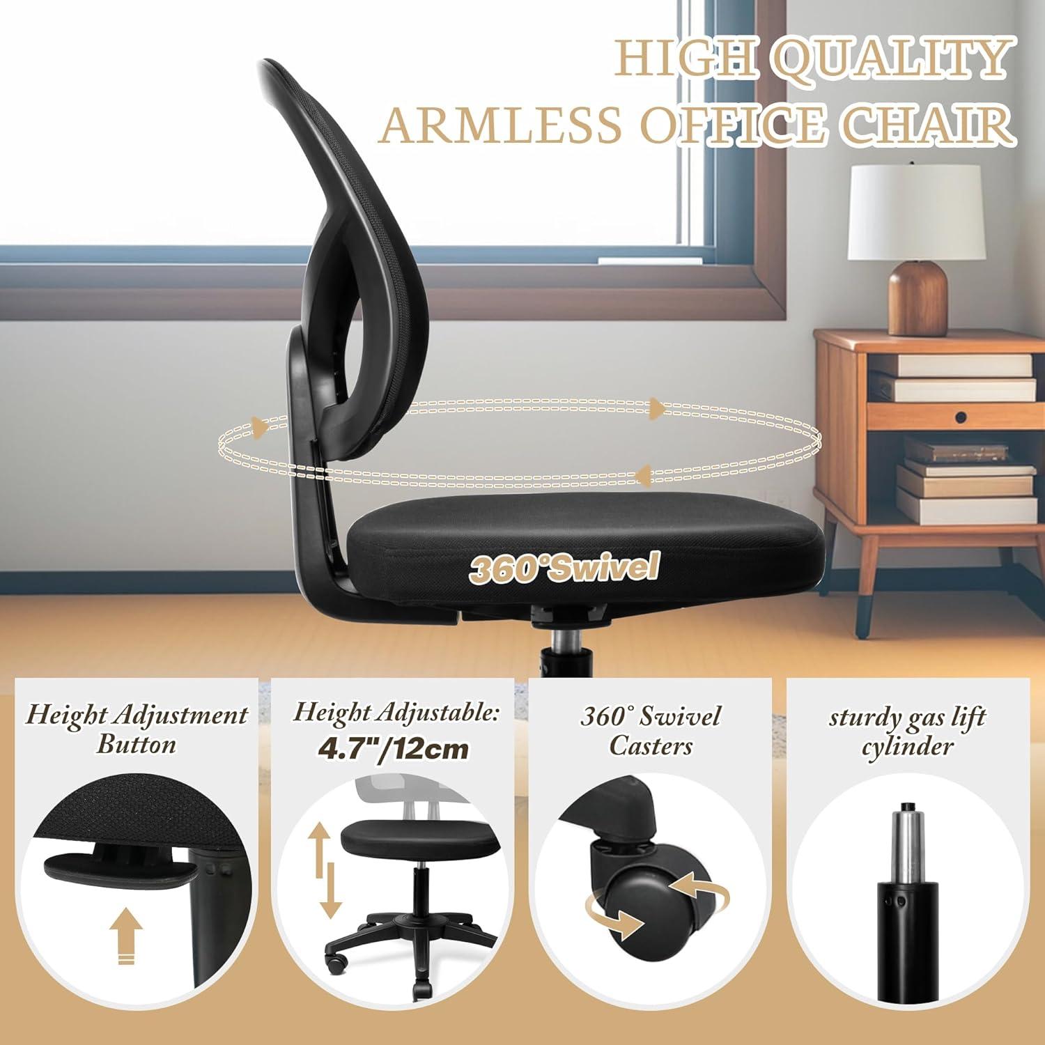 Mesh Office Chair Ergonomic Small Desk Chair No Arms Black Swivel Computer Chair with Wheels Task Chair for Small Spaces Mid Back Home Office Chair for Adults and Kids