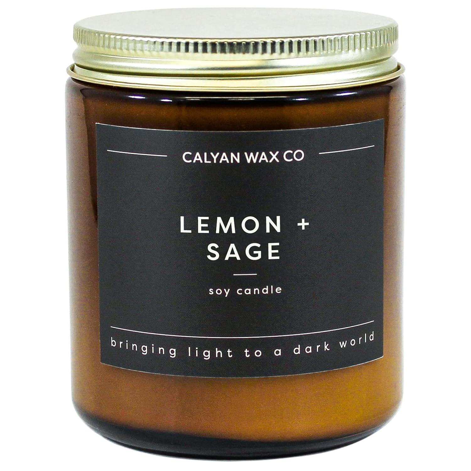 Calyan Wax Co. Soy Wax Candle, Lemon + Sage Scented Candle, 57 Hour Burn Time, Aromatherapy Soy Candles, Non Toxic & Vegan Soy Wax, Amber Glass Jar Scented Candles, 7.2oz