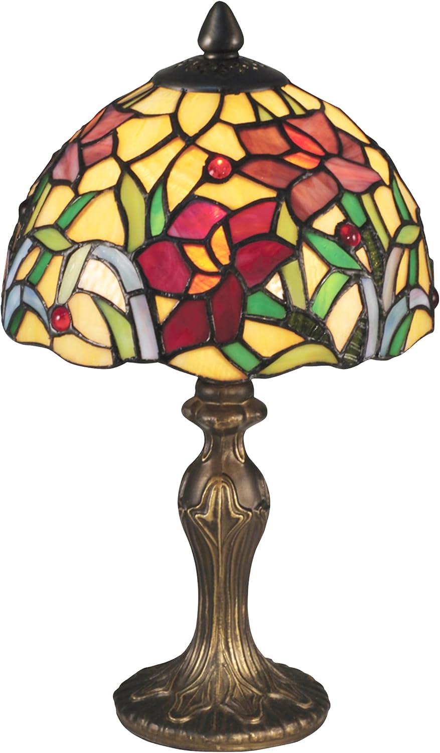 Sunny Amber Floral Fantasy 14" Stained Glass Accent Lamp with Bronze Base