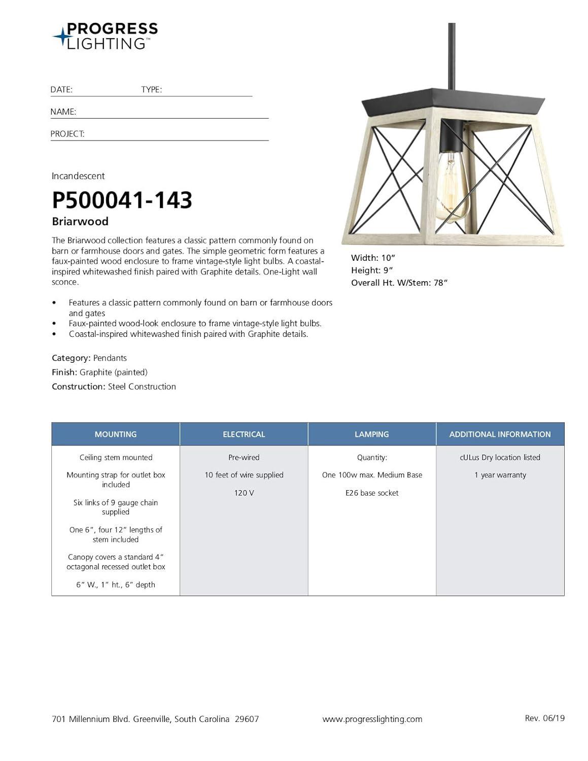 Progress Lighting Briarwood 1-Light Mini-Pendant, Steel, Graphite Finish, Faux-Painted Wood Enclosure