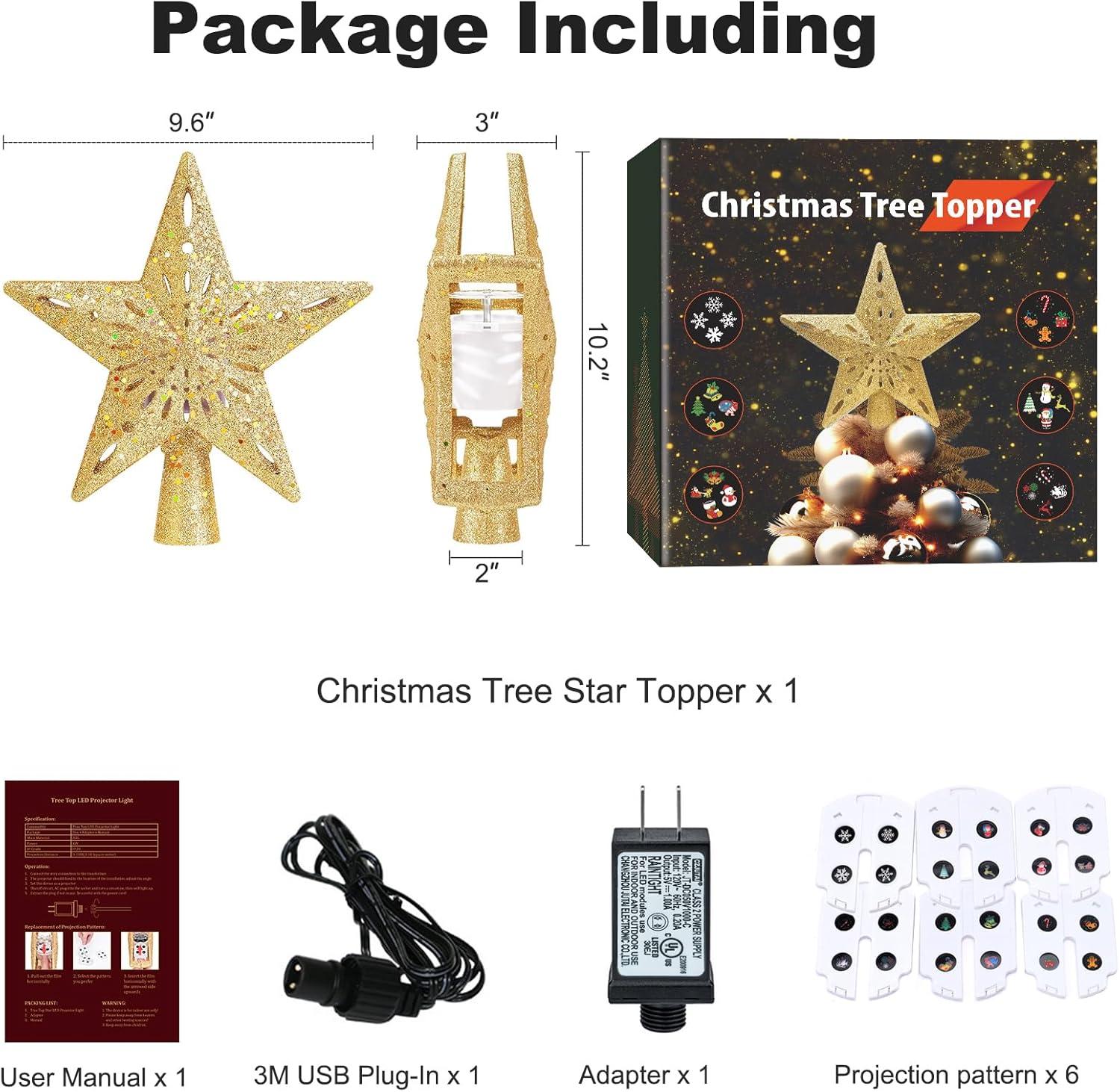 HOUFIY Christmas Tree Topper Lighted with 6 Projection Modes Star Tree Topper Built-in LED Rotating 3D Lighted Glitter Star Decorations Projector Tree Topper for Christmas Tree